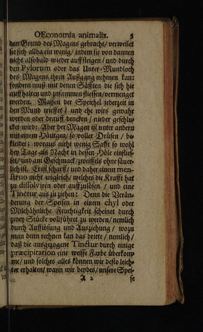  / OEconomia animalis, &amp; den Grund des Magens gebracht/verweilee ſie ſich allda cin wenig / indem fie von dannen | nich&amp;ialfobald-wieder auffſteigen unb durch | ber. Pylorum oder das Unter: Mundloch | bee: Magens ihren Außgang nehmen. fan: fordern muß mit venen Säfften die fich bie auffhalten unb zuſammen flieffen/vermenget TE woerden; Maſſen der, Speichel jederzeit in den Mund trieffet / und ehe wirs gewahr werden oder drauff dencken /nieder gefchlur | tet wirds, Iber der Magen ift unter andern | mißeinem Haͤutgen / ſo voller Drüfen / be IE Hleidets woraus nicht wenig Safft fo wohl WE bey Tage als Nacht in, deſſen Hoͤle einfließ E Rund am Geſchmack / zweiffels ohne fäuer- VE Rich ift. Exiſt ſcharff / unb daher einem men- UF fttuo wicht ungleich / welches die Krafft hat OE au. diffolvirin ober; auffjulófen: /; unb. eine V Tinetun aus zu ziehens, Denn die Veran⸗ ie derung - ber Speiſen in „einem. chyl oder WI Meischäpnliche.Sguchtigkeig ſcheinet durch II groep Cotüc'c vofuͤhret zu werden / nemlich WE Durch Aufflöfung unb Ausziehung / woz PB man denn rechnen fan dag dritte / nemlich / ME ba die ausgezogene Tinctur durch einige WE pracipitation eine; weilfe Farbe überfonv me / und ſolches alles fónnen wir defto Teich iW sor erhakten/ wann, wir. beydes / unſere Spei- Wn. | 42 ſe     