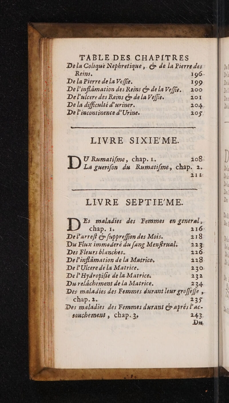 De la Colique Nephretique ,. &amp; de la Pierre des Rerns. 196- De la Pierre de la Veffie. 199 De l'inflamation des Reins € de la Veffie.. 200 De l'ulcere des Reins co de la Veffie. 201 De la difficulté d’uriner. 204. De l'incontinence d’Urine. 20$ U Rumatifme, chap. 1. 208: La guerifon du Rumatifme, chap. 2. 218: LIVRE SEPTIEME. Es maladies des Femmes en general, chap. 1: 216: De l'arreft &amp; fuppreffion des Mois. 218 Ds Flux immederé du [ang Menfiruals 223: Des Fleurs blanches. 226 Del'inflämation de la Matrice. 228 De P'Ulcere de la Matrice. 230. De P Hydropifie de la Matrice: 252 Durelächement de la Matrice. 234 Des maladies des Femmes durant leur groffeffe .. chap. 2. 235 Des maladies des Femmes durant Gr aprés l'ac- sonchement ; Chap. 3, 243 Ds.
