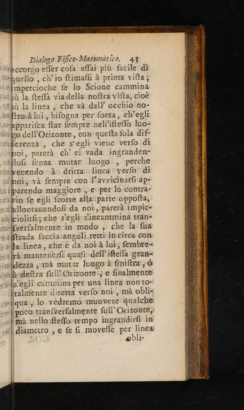 îrecorgo efer cofa affai più facile di tinello, ch'io ftimafli è prima vifta; “irimpercioclie fe lo Scione cammina ba la fteflà via della noftra vifta, cioè Wtbù la linea ; chesvà dall occhio no- lialtro;à lui; bifogna per forza , ch'egli :bpparifca frar fempre ineli’iftefflo luo&gt; {no dell’Orizonte:, con quetta fola dif i Ferenza , che s'egli viene verfo di ilhoi, parerà ch’ ei vada ingranden- Roli fenza mutar luogo, perche imilvenendo: do dritta: linea o verfo di ulihois.và fempre con l'avwicinarfi‘ap- uifparendo: maggiore: ) e-pet lo-contra- rlulrio fe egli. fcorre alta: parte ‘oppofta, dlallontanandofirda noi,-parerà impic- uliicioliriy;che segli sincammina tran- miifverfalmente:in modo ;: che la: fua \ilArada facciaiangoli.retti‘in'circa con “Wlastlinea, che'è danoià lui; fembres ni rà mante nesfì quafio dell’iftefa grana inlidezza pimà mutar luogorè finitrai ò inlbodeftra full'Qrizonte:; e finalmente: Mo) isegli cammina per una-linea nonto* talmente disetta verfo noi, mà @bli4 jtWqua, lo vedremo muovere ‘qualche: vil poco:trantverfalmente full'Orizonte, «el mà nellosfteffostempo ingraridirfi in salì diametro , e fe fi movefle CH cine ©bli- )
