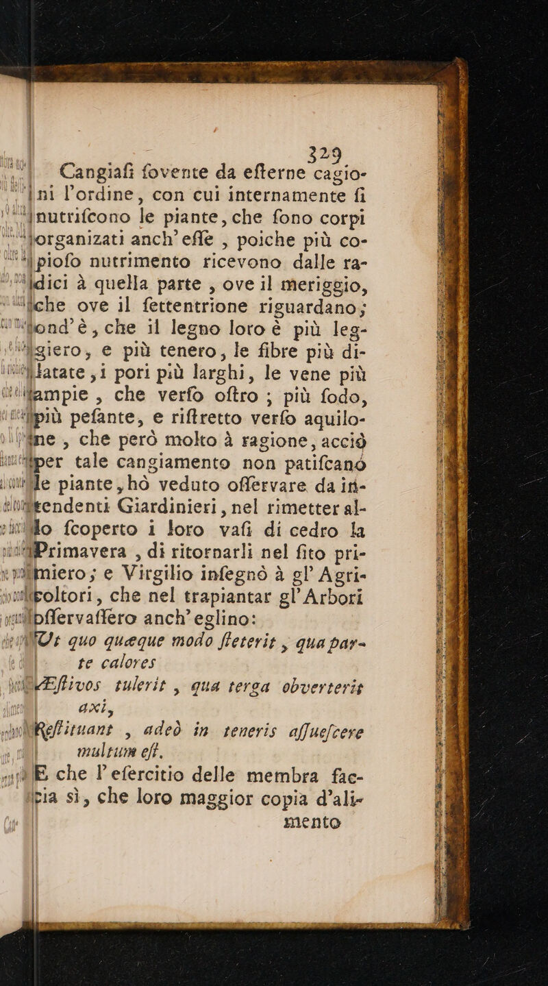ph: Cangiafi fovente da PA “ini l'ordine, con cui internamente fi ‘'‘‘inutrifcono le piante, che fono corpi “lorganizati anch’ effe , poiche più co- ‘“#|piofo nutrimento ricevono dalle ra- ‘’idici à quella parte , ove il meriggio, ‘«ifiche ove il fettentrione riguardano; “itond’è, che il legno loro è più leg- ‘‘’giero, € più tenero, le fibre più di- ‘WfiHatate ,i pori più larghi, le vene più ““iitampie , che verfo oftro ; più fodo, i'fipiù pefante, e riftretto verfo aquilo- ‘ne , che però molto à ragione, acciò iliiper tale cangiamento non patifcanò ite piante, hò veduto offervare da ir- finfaleendenti Giardinieri, nel rimetter al- :iiilo fcoperto i loro vafi di cedro la vcaRPrimavera , di ritornarli nel fito pri- vimiero; e Virgilio infegnò à gl Agri- viligoltori, che nel trapiantar gl’ Arbori iaibAlervaffero anch’eglino: AND quo queque modo fleterit , qua par- te calores wiiEfivos tulerit, qua terca obverteris gxi > ivMRefiruant , adeò in teneris affuelcere multune eft. mE che lefercitio delle membra fac- tia sì, che loro maggior copia d’ali- I mento