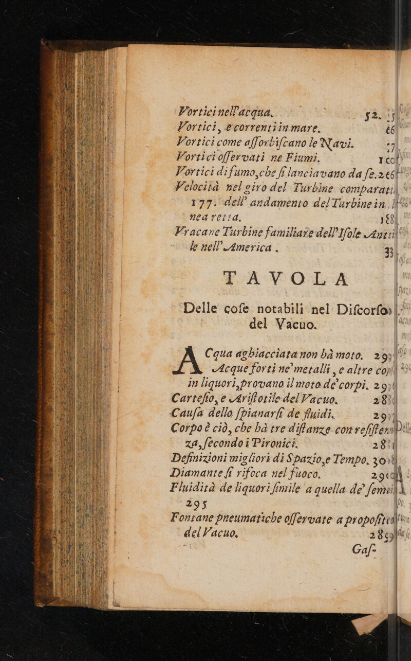 :iPorticinellacqua. || | $2. Vortici, ecorrentiin mare. 66 Vortici come aforbifcano le Navi. ih Vorrici ofervati ne Fiumi. Icol' Vortici difumo,che fi lanciavano da fe.266t Velocità nel ciro del Turbine comparati * 177. dell’ andamento delTurbinein NES nea retta, 168 Vracane Turbine familiafe dell’Ifole Anni! le nell'America . i TAVOLA Delle cofe. notabili nel Difcorfo” del Vacuo. Cqua aghiacciata non bà moto. 2930 Acque forti ne metalli e altre cop) © in liquori, provano il moto de corpi. 2934 Carteho, e Ariftotile del Vacuo. 28% Caufa dello /pianarfi de fuidi. 297]. Corpo è ciò, che hà tre difanze con refifenntil za,fecondo i Pironici. 281 Definizioni migliori di Spazio,e Tempo. 30% Diamante fî rifoca nel fuoco. 2960) Fiuidità de liquori finile ‘a quella de femsitÀ 295 P Fontane pneumatiche olfervate a propofitea): del Vacuo. 28 gg; Gaf-