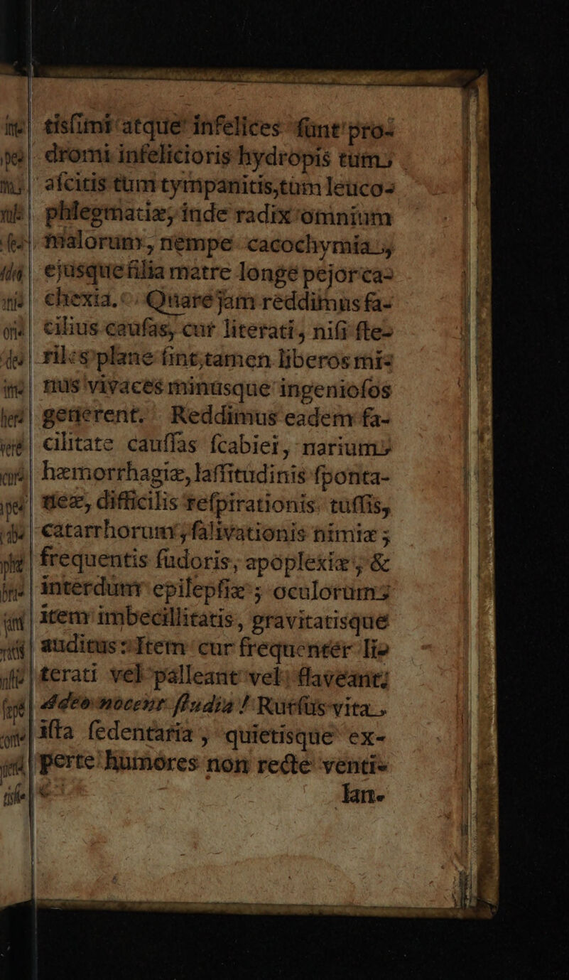 | i| tis(imt atque' infelices fünt'pro- ^e dromi infelicioris hydropis tum. Q;| afcitis tum tympanitis;tüm leiücos i ü£| phlegmacuaz; inde radix omnium (21, fialorim, nempe cacochvymia (4| ejasquetilia matre longe pejorca- ! hn f | - : ! uf qi| chexia.^. Quarejam reddimus fa- ! gi cilius caufas, cur literati, nifi fte- L 4e | rilcsplane fint;tamen liberos mis I. gé| Hus vivaces minusque ingeniofos 1 | leg| geaierent. Reddimus eadem fa- e| cilitate cauffas fcabiei, narium» | a&amp;| hzmorrhagiz, laffitüdinis fponta- a. jd uez, difficilis tefpirationis: tuffis, | gs | €atarrhorum' fàlivationis titmiz ; yh | frequentis fudoris, apoplexiz ; &amp; jii | interdum epilepfix:; oculorüm «| ife imbecillitatis, pravitatisque | auditus s Trem- cur frequenter. Iio jt |terati vel^palleant' vel: (faveat; ts deo nocent ffudia / Rutfüs vita, se | Ata. fedentaria ; quietisque ex- | éd] perte; humores non recte venti L. fife je lan. n3