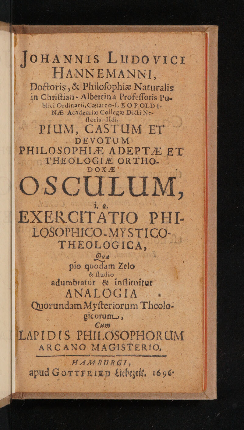 lomawNNzis Lupovicr HANNEMANNI, Doctoris , &amp; Philofophiz Naturalis in Chriftian- Albertina Profefforis Pu« blici Ordinarn, Czfareo-L E OP OLDI. NIE Academioe Collega Di&amp;i Nc- ftoris. IIdi, PIUM, CASTUM ET UR DEVOTUM | PHILOSOPHIE ADEPT/E ET | THEOLOGIJE ORTHO. po l M : i IS FW 8f Ww. [» : 2. P EXERCITATIO PHI. | *- LOSOPHICO.M YSTICO- | IHEOL OGICA, FÉ Óu4 à pio quodam Zelo &amp; ftudio adumbrator &amp; inflituitut ANALOGIA Quorundam M yfteriorum Theolo- gicorum.., Cuni ILAPIDIS PHILOSOPHORUM | ARCANO MAGISTERIO, B cscecazatyserspc deir vola, Gioia CER uy cM i (€ — HAMBURGI apud Gorrrzizp tá '(eit. 1696