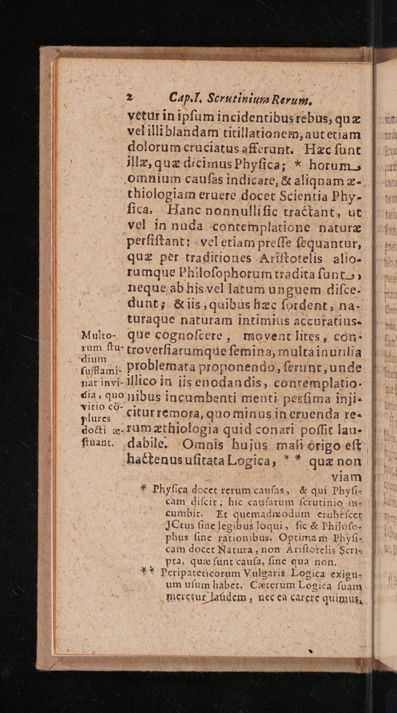 vétur in ipfum incidentibus rebus; quz velilliblandam titillationem,autetiam dolorum cruciatus afferunt, Hzc funt Jlz,quaz dicimusPhyfica; * horum, Oommniuin caufas indicare, &amp; aliqnam z- thiologiam eruere docet Scientia Phy- fica. Hanc nonnullific tractant, ut vel in nuda contemplatione naturz perfiftant: | vel etiam preffe íequantur, quz per traditiones Ariítotelis alio- ramque Philofophorumtradita funt. ; neque abhis vel latum unguem difce. dunt; &amp;iís;quibus liec fordent, na- turaque naturam intimlus accuratius. Multo-. que cognofcere, moventlites, cón* rum ftu- troverfiarumque femina, multáinurilia vaut problemata proponendo, ferunt,unde nat invi-Mlico in iis enodandis, contemplatio. dia, quo nibus incambenti menti pesfima inji- Sn citürremora, quo fninus in ernenda re- tioni «ram zthiologia quid conari poffit lau- viam * Phyfica docet rerum caufas, &amp; qui Phy(i- cumbit. Et quemadixodum: ezubefcer JCtus finelegibusloqui, fic &amp; Philofo- phus fine rationibus. Optimam Phyfi- cam docet Natura , non. Ariftotelis Scri« pta, que funt caufa, fine qua non. * * Peripateticorum Vulgaris. Lonica exigu- um ufum habet, Caeterum Looica fuam mercrur lafidem , nec ca carere quimus,