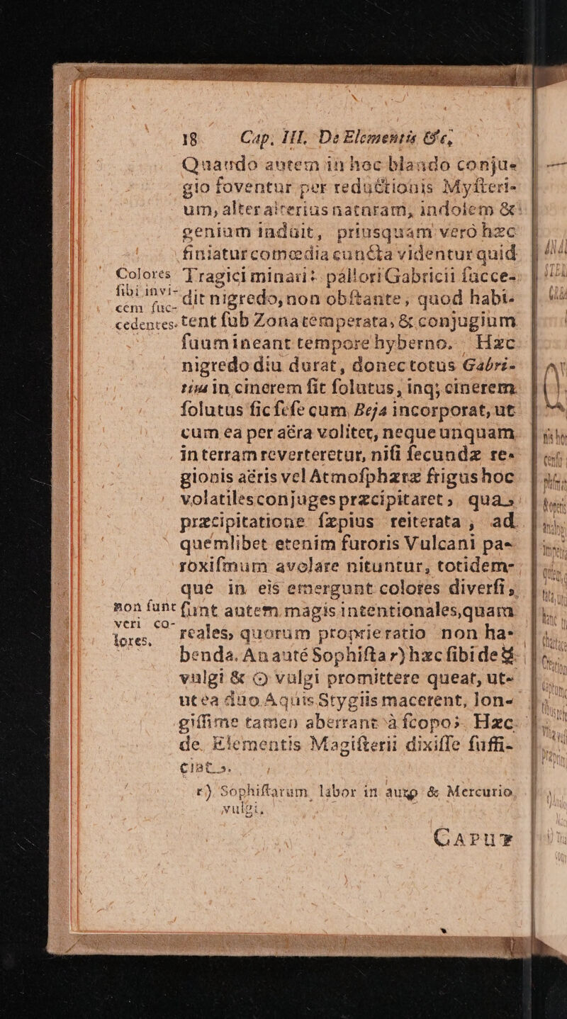 Colores fibi 1n vi- cem fuc- 18 Cap, III, De Elementis Ofe, Quaudo a autetn in hac hi aündo conjue gio foventur per redu&amp;tionis Myfteri- geniamindült, priusquam vero hz finiaturcomedia cun&amp;a videntur bord Tragici minari pálloriGabricii facce- dit nigredo, non obftante, quod habi. fuumineant tempore hyberno. Hzc nigredo diu durat, donectotus Ga£ri- 1a in cinerem fit folutus, inq; cinerem. folutus ficfcfe cum Beja incorporat, ut cum ea per aéra volitet, nequeunquam. interram reverteretur, nifi fecundz re- gionis aéris vel Atmofpharz frigus hoc volatilesconjuges przcipitaret, qua» quemlibet etenim furoris Vulcani pa- roxifmum avolare nituntur, totidem- veri lores. ntea diuo. Aquis Stygiis macerent, lon- giffime tamen aberrant à fcopos. Hzc de. &amp;iementis Magifterii dixiffe fuffi- j CAPUT ctae memo e pee