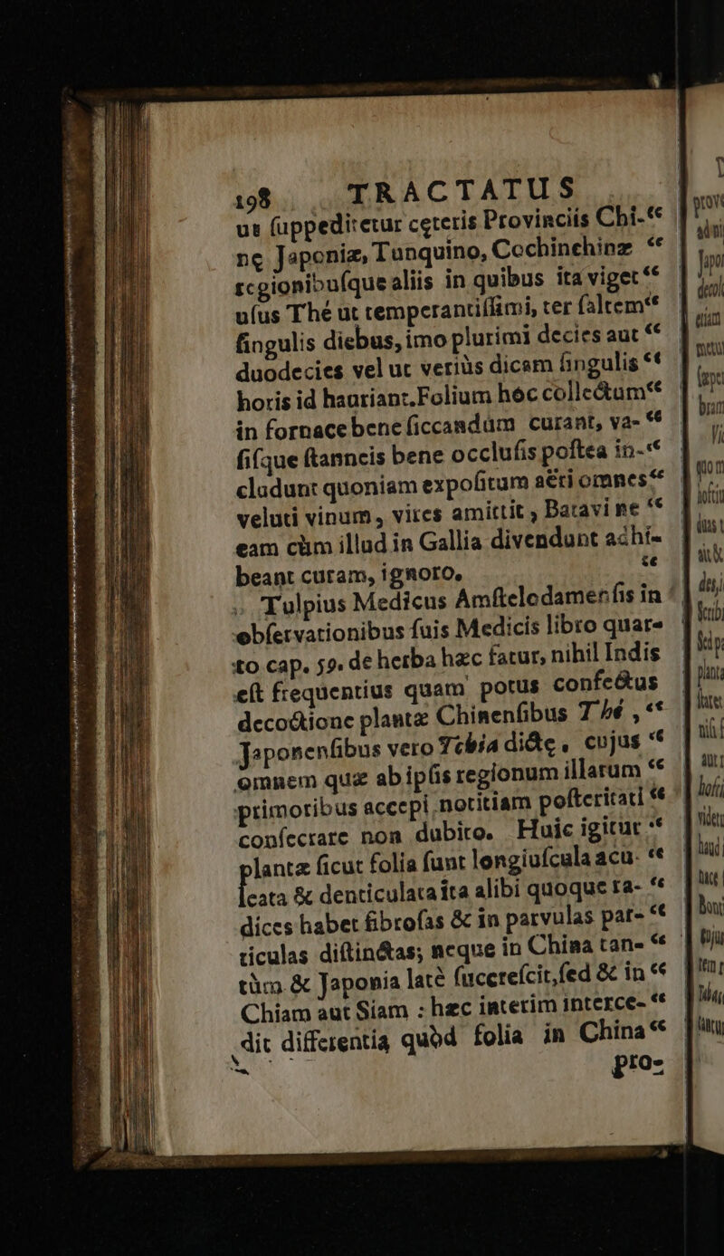 rcgionibufque aliis in quibus ita viget ** uíus Thé ut tempcranciffimi, ter (altem** fingulis diebus, imo plurimi decies aut €* duodecies vel ut veriüs dicam hingulis ** horis id hauriantz.Folium hec colle&amp;um** in fornacebeneficcandüm curant, va- ** fi(que (tanncis bene occlufis poftea in-'* veluti vinum, vires amittit ; Batavi ne ** eam cüm illud in Gallia divendunt achí- beant curam, igRoro, te ebí(ervationibus fuis Medicis libro quar» to Cap. 59. de hetba hzc fatur, nihil Indis e(t frequentius quam potus confe&amp;us dcco&amp;tione plante Chinenfibus 7 bé , ** Japonentbus vero J«biadide. cujus '* omnem qus ab iplis regionum illarum *€ primoribus accepi notitiam poftcritati «€ confecrare non dubito. Huic igitut * pine ficut folia funt longiufcula acu. ** eata &amp; denticulataíta alibi quoque ra- ^t ticulas diftin&amp;as; neque in China tan- ** tüm &amp; Japonia laté fuccreícit,fed &amp; in « Chiam aut Síam : hzc interim interce- «c dic differentia quod folia in China**  proz I d yw I sm | Jio deco ui 1 meu ] i | bur a | Ep T nti I st d uk | deti fib iip pin dite nii | a | lof US lay