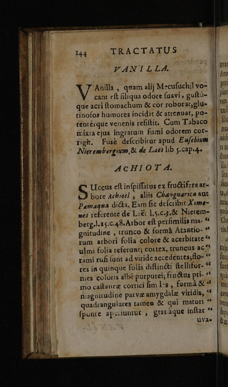| nni 1| Amt | piti punt | vett | d VANILLA. Anilla , quam alij Mecufuchil vo- cant cft filiqua odore faavi , guítà- que acti ftomachum &amp; cor robor acglu- tinofos humores incidic &amp; attenuat, po». 1 7 tentérque venenis refilti, Cum Tabaco ii mixca ejus ingratum fumi odorem cor- «| 77 ripi, Fus&amp; defcribirur apud. Ewfebium | ni Nierembergitm,&amp; de Lat lib 5.cap.4- i. ot AcCcHIOT 4. Y , 9] lite G Ucccus cft infpiffatus ex fra&amp;iferaar- | ia bore Aecbrot] , aliis Cóasguariea aut. | i Pamaqua di&amp;a, Eam fic defcribit Xsmse- — | li »c; reference de Li&amp; l,5.c.3.&amp; Nierem-— | poi berg.l.15.c.48.Arbor eft perfimilis ma: € | Ch gnitudine , trunco &amp; formà Atantio- ** | si rum arbori folia colore &amp; acerbitate * | 4 ulmi folia referunt; cortex, truncus ac'* |t rami rufi (unt ad viride accedentessflo- ** | fuc tes in quinque folia diftin&amp;i (ellifor- «€ | fu: mes coloris albi parpurei; fru&amp;us pti- ** | qu mo caítancz cortici fim l:s , formá &amp; «f. | m; magnitudine parvz amygdalz viridis, *€ | pn, quad;angulares tamen &amp; qui maturi ** |y fponte. apziiuntut , graraque inftar ** | fn. | uvae
