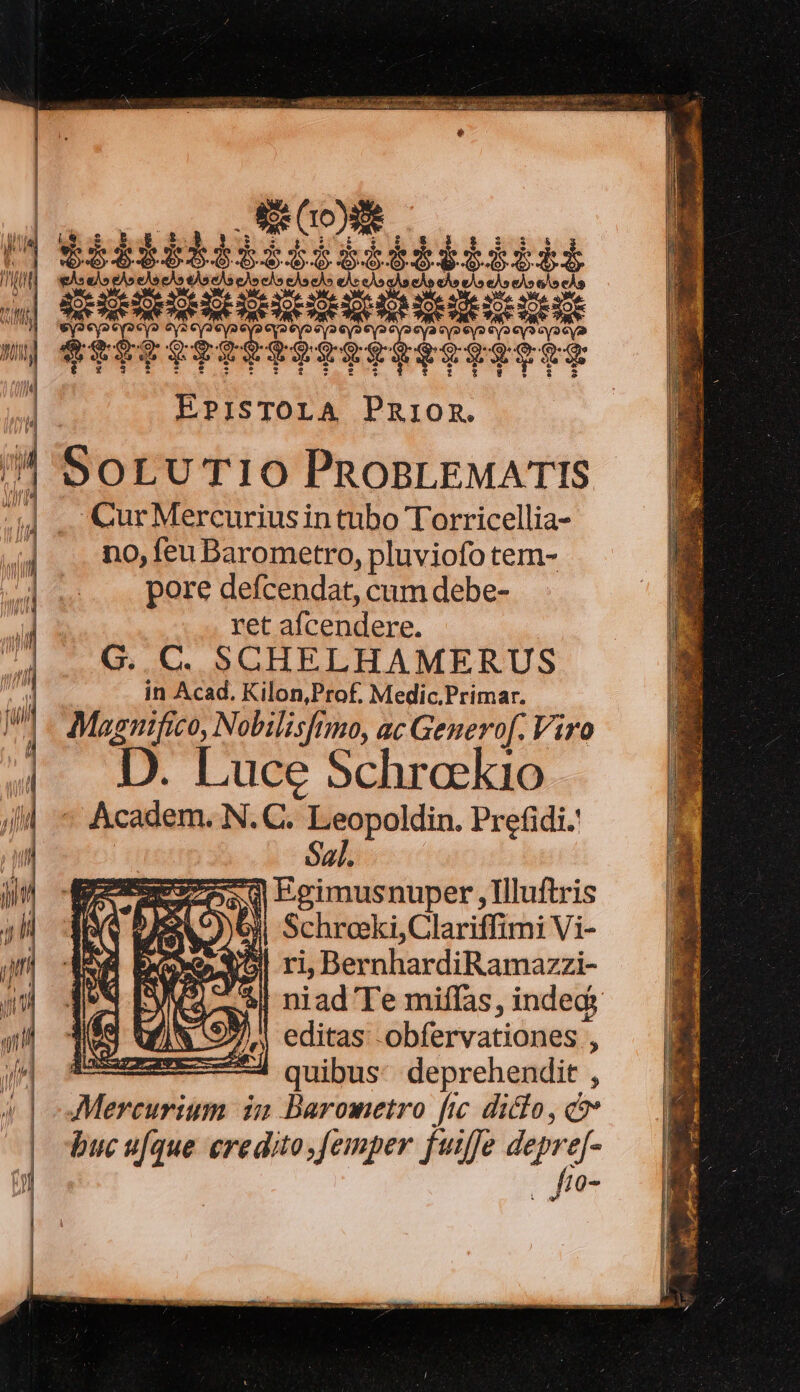 EPISTOLA Pnion. SoLuTI1o PRoBLEMATIS Cur Mercuriusin tubo Torricellia- no, feu Barometro, pluviofo tem- pore defcendat, cum debe- ret afcendere. G. C. SCHELHAMERUS in Acad. Kilon,Pro£, Medic.Primar. Magnifico, Nobilisftmo, ac Genero. Viro D. Luce Schroekio * Academ. N. C. Leopoldin. Prefidi. Sal. $4 Egimusnuper ,Illuftris o) Schroski,Clariffimi Vi- Uo! ri, BernhardiRamazzi- | editas -obfervationes , : quibus: deprehendit , Mercurium ia Darometro fic didlo, c buc u[que credito, femper fuiffe depre[- | fo- TNPTRPEPONE jio C 2x ^ :