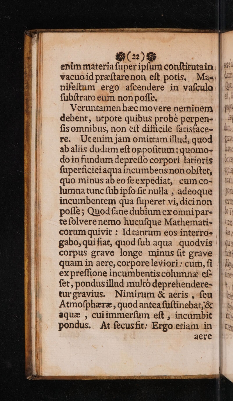 Vr pmo e iisempe t qe pum vc epdg rs Hg aontece OQ ICT RN oe te VICO. enim materia fuper ipfum conftitutain | vacuoidpraftarenon eft potis, Mas | & nifeftum ergo afcendere in vafculo fubítrato eum non poffe. Veruntamen hec movere neminem debent, utpote quibus probé perpen- fisomnibus, non eft difficile fatisface« re. Utenim jam omittam illud, quod ab aliis dudum eft oppofitum: quomo- doinfundum depreflo corpori latioris: fuperficiei e incumbens nonobítet, quo minus ab eofeexpediat, cum co- lumnatunc füb ipfo fit nulla , adeoque incumbentem qua füperet vi, dicinon pofle; Quodfane dubium ex omni par- tefolvere nemo hucufque Mathemati- corumquivit : Idtantum eos interro» gabo,quifiat, quod füb aqua quodvis | corpus grave longe minus fit grave quam in aere, corporeleviori: cum,fi | ij ex preffione incumbentis columnz ef7 fec, pondusillud multo deprehendere- turgravius. Nimirum & aeris , feu Atmofpharz , quod anteafüftinebat;'& aque , cuiimmerfum eft , incumbit pondus. Atfecusfit: Ergo etiam in aere