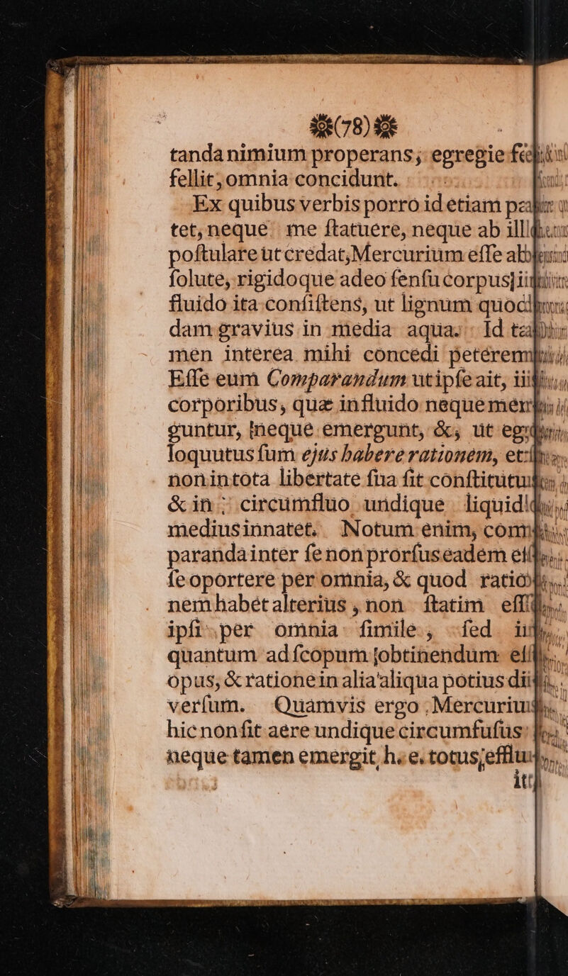 Qr npe etn Po te po d oy presa WP vec OR ETT SC S tanda nimium properans; egregie fet n fellit;omnia concidunt. Ex quibus verbis porro id etiam pal: rq tet, neque. me ftatuere, neque ab ill! bs poftulare utcredat;Mercurium effe abblo folute, rigidoque adeo fenfu corpusjiigrii fluido ita confiftens, ut lignum. per « iy dam gravius in media aqua; Id tz men interea mihi concedi jette] ii Effe eum Comparandum utipfe ait, iif corporibus; qua influido neque menp i guntur, ineque emergunt, &amp;; ut id ad lr loquutus fum ejus babere ratzonem, etis nonintota libertate fna fit cohftitucul à &amp;in; cireumfluo undique | liquidi, mediusinnatet, Notum enim, comm hu. TN parandainter fe non proríuseadem etis... feoportere per omnia, &amp; quod. ratio... nemhabeétalterius , non ftatim | effi, ipfi.per omnia fimile y, «fed. dii f quantum adfcopum jobtinendum: eti, opus; &amp;rationein alia'aliqua potius dil li | verfum. Quamvis ergo Mercurius. hicnonfit aere undique circumfufus 5 J neque tamen emergit h.e. totus;efflus»,. itt].