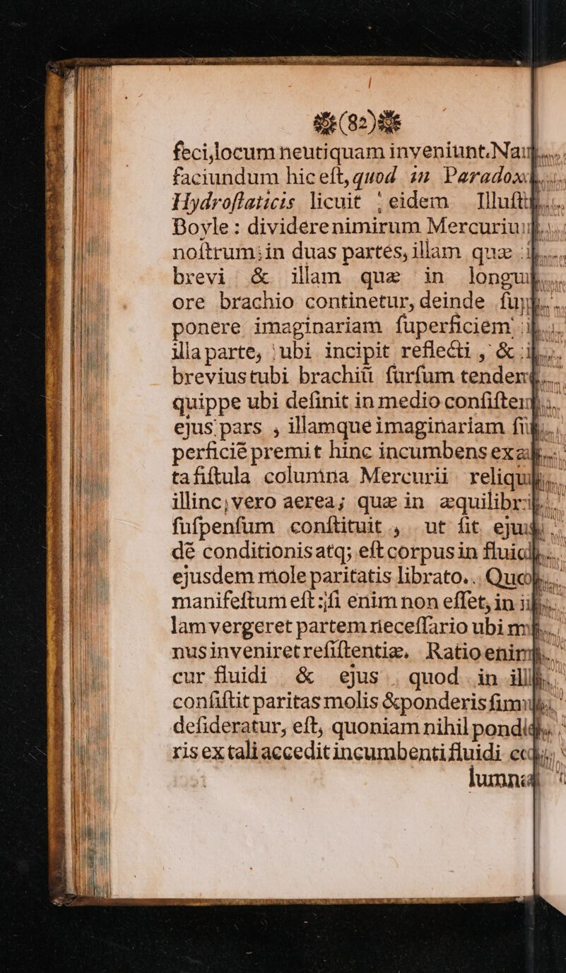 fecijlocum neutiquam inyeniunt. Nai]. faciundum hic eft, quod 4n Paradox], | Hydroflaticis licuit ' ; eidem luft.  Doyle: dividere nimirum Mercuriuij E: noítrum:;in duas partes, illam qua brevi &amp; illam quae in bp. ib ore brachio continetur, deinde | fujj ponere imaginariam fuperficiem | ilaparte, ;ubi incipit reflecti ,' &amp; i. breviustubi brachiii fürfum tenden(. quippe ubi definit in medio confiftei] ejus pars , illamquei imaginariam füf. perficié premit hinc incumbens exa] tafiftula columna Mercurii rdiquk. illinc;vero aerea; que in aquilibr:i. Y / n dé conditionisatq; eftcorpusin fluicl,. ejusdem mole paritatis librato. . Que)... manifeftum eft ;fi enim non effet, in ils. i. lam vergeret partem rieceffario ubi mij nusinveniretrefillentie, Ratioenimp.. curfluidi | &amp; ejus . quod .in illl]. confiftit paritas molis &amp;ponderisfimuhi defideratur, eft, quoniam nihil pond Wr ris ex tali acceditincumbentifluidi ecd, lumnidi 4