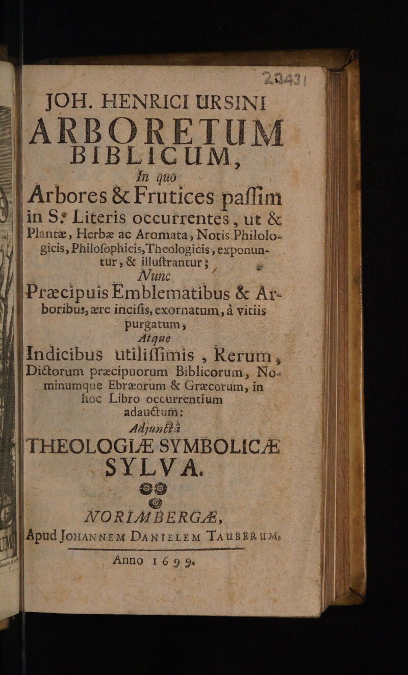 JOH. HENRICI URSINI lARBORETUM 3 bIBLICUM, 1 N. . fn quo | Arbores &amp; Frutices paffim Jin 5? Literis occurrentes , ut &amp; - J Plante, Herbz ac Aromata; Notis Philolo- gicis, Philofophicis, Theologicis ; exponun- tur; &amp; illuftrantur 3 IN unc Py TA I Atque : d Wiindicibus utiliffimis , Rerum, BEI Dictorum precipuorum DBiblicorum, No- E minumque Ebreorum &amp; Graecorum, in hoc Libro occürrentium adauctuin: Adinutià MI THEOLOGLE SYMBOLIC/E ANORIAMBERGA, 4 j Apud JouaNNEM DAN1EzLEM lAUBERUMe Anno 16949.