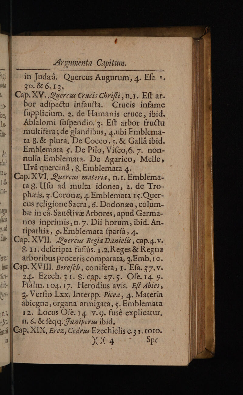 —- laco yg iacV mg Ü ]g i1c B Tut i E A 0M ] e l km. 1 mn | fT, | TU Argumenta Capitum. in Judeà. Quercus Augurum, 4. Efa. v. 30. &amp; 6. I3. bor adípe&amp;u infauíta. Crucis infame fupplicium. 2. de Hamanis cruce, ibid. Abfalomi füfpendio. 3. Eft arbor fructu multiferas de glandibus, 4.ubi Fmblema- ta 8. &amp; plura, De Cocco, s. &amp; Gallà ibid. Emblemata $. De Pilo, Vifco,6. 7. non- nulla Emblemata. De Agarico, Melle; ^ . ^ o U vá quercinà , 8, Emblemata 4. ta 9. Uifu ad multa idonea, z. de Tro- phis, z. Coronz, 4.Emblemata rg.Quer- cus religioneSacra, 6. Dodonza , colum- bz in eà.San&amp;tivz Arbores, apud Germa- nos inprimis,n. 7. Dii horum; ibid. Àn- tipathia, o. Emblemata fparía, 4. 8. 11. defcripta fufius. 1.2, Reges &amp; Regna arboribus proceris comparata; 2.Emb, 10. 24. Ezech. 3 1. 8. cap. 27.5. Ofe. 14. 9. Píàlm. 104.17. Herodius avis. E/f Abies, 2. Verfio Lxx. Interpp. Picez, 4. Materia abiegna, organa armigata, s. Emblemata 12. Locus Ofe. 1 4. v. 9. fusé explicatur, n. 6. &amp; feqq. Jwuziperus ibid. YOC4 ope