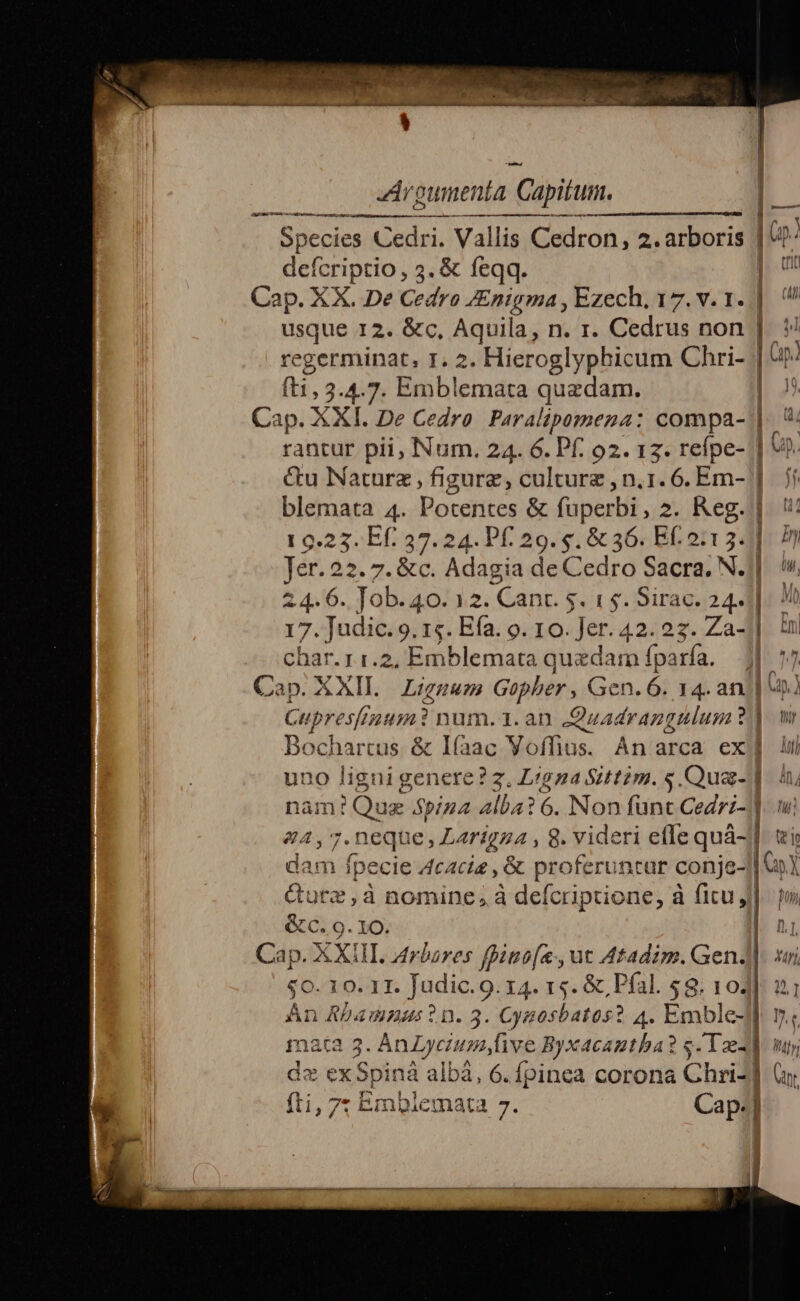 or À— eÀ——— P Species Cedri. Vallis Cedron, 2. arboris defcriptio, 3. &amp; feqq. Cap. XX. De Cedro JEnigma , Ezech, 17. v. 1. | usque 12. &amp;c, Aquila, n. r. Cedrus non | regerminat, I. 2. Hieroglyphicum Chri- | ít, 3.4.7. Emblemata quadam. | Cap. XXI. De Cedro. Paralipomena: compa- | rantur pli, Num. 24. 6. Pf. o2. 12. refpe- ] &amp;u Natura , figure, culture , n.1. 6. Em- | blemata 4. Potentes &amp; fuperbi, 2. Keg. 10.23. Ef: 37. 24. Pf. 29. 5. &amp; 36. Ef: 0:113. Jer. 22. 7. &amp;c. Adagia de Cedro Sacra; N. 24.6. Job. 40. 12. Cant. $. 1 $. Sirac. 24.4] 17. Judic. 9. 15. Efa. o. 10. Jer: 42.23. Za-]| char. 1.1.2, Baiblepjatumus edam red | Cap. XXII. Ligguzm Gopher , Gen. 6. 14. an. Cupresfnum? Food 1.an Quadrangulum ?.] Bochartus &amp; I(aac Voffius. An arca ex] uno ligni gen de Ligna Sittim. «.Qua- 1 nam? Que spiza alba? 6. Non fünt Cedri-.| 24, 7. neque Larigza , 8. videri efle quà-| &amp;urz,à nomine, à defcriptione, à RC &amp;c. 9. 10. Cap. XXIII. Arbres fpino[«-, ut Atadim. Gendl $0. 10. In. Judice. I4. 15. &amp; Pfal. $8. 104] Án Rbamngs?n. 3. Cyaosbatos? 4. Emble-]l iata 3. / AnLyciumfive Byxacautha? s Tae] fti, 7: Emblemata 7. Cap. ^ff, 15 v ten ] 7, t Wt