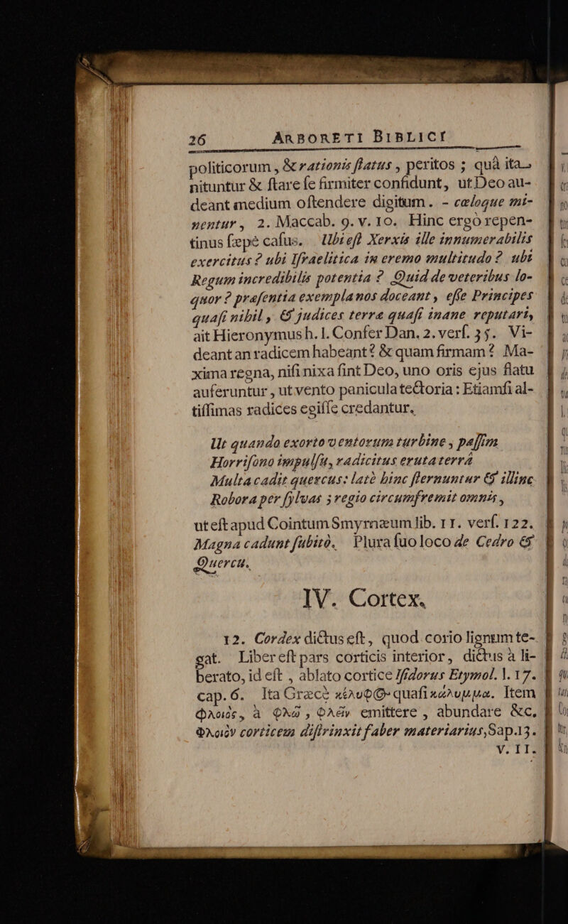 mc BRUIT Ne sto iuto rada cx AL LUBTPRGUNDOPN politicorum , &amp; rarionis flatus , peritos ; quà ita» nituntur &amp; ftare fe firmiter confidunt, ut Deo au- deant medium oftendere digitum. - cea/ogue mi- nentur, 2.Maccab. 9. v. 1o. Hinc ergo repen- tinus fzepé cafus... Ubreft Xerxis ille inmumerabilis exercitus 2 ubi If[Tvaelitica in eremo multitudo ? ubt Regum incredibilis potentia Quid de veteribus lo- quor ? prafentta exemplanos doceant , effe Principes quafi nibil , &amp; judices terra quaft inane reputari, ait Hieronymus h. I. Confer Dan. 2. verf. 355. Vi- deant an radicem habeant? &amp; quam firmam *.. Ma- xima regna, nifi nixa fint Deo, uno oris ejus flatu auferuntur , ut vento panicula te&amp;toria : Etiamfi al- tiffimas radices eeiffe credantur. llt quando exorto oentorum turbine , pajftm Horrifono impulfu, radicitus erutaterrá Multa cadit quezcus: lató binc flernuntur &amp; illinc Robora per fyluas 5 regio circumfremit omnis , uteftapud CointumSmyranzum lib. rr. verf. 122. Magna cadunt fabitó. — Plurafuoloco de Cedro € Quercu. 12. Cordex diduseft, quod corio lignumte- gat. Libereftpars corticis interior, dicbus à li- | cap.6. lta Grace «ovo O- quafi sa^vp pa. Item | i] Y f n . QAoudc, à QX2 , OAd» emittere , abundare &amp;c, | QXoicv corticem diflrinxit faber materiarius,SapA3. VII