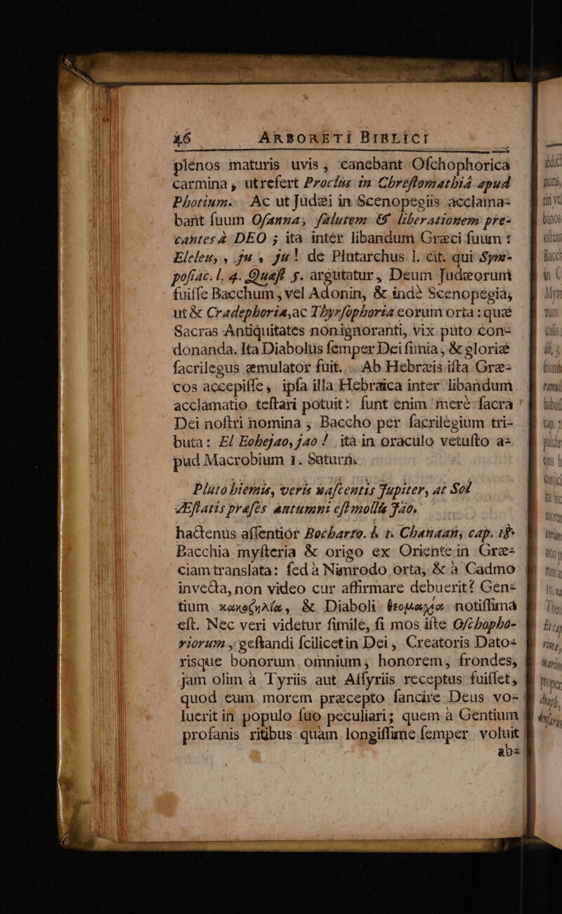 &amp;6 . ARBORETI BIBEIÉCI : plenos maturis uvis, canebant Ofchophorica carmina , utrefert Procins ip. Chreffomathi4 apud Photium... Ac ut Judei in Scenopegiis acclama- bant fuum Ofanna; falutem €. liberationem pre- cantes4 DEO 5 ita inter libandum Graci fuum : Eleleu, , $u . Ju! de Plutarchus 1. cit. qui Sys pofíac- L. 4. Quafl 5. argutatur, Deuin Judeorunm fuiffe Bacchum , vel Adonin, &amp; ind? Scenopégia, ut &amp; Cradepboria,ac 1byrfophorta corum orta : qué Sacras Antiquitates nonignoranti, vix püto con- donanda. Ita Diabolus femper Dei fimia , &amp; glorie facrilegus zemulator fuit... Ab Hebrzis ifta Gre- cos accepiífe ,. ipfa illa Hebraica inter. libandumi acclamatio. teftari potuit: funt enim mere facrà Dei noftri homina ; Baccho per facrilegium tri- buta: E/ Eobejao, jao / ita in oraculo vetufto az pud Macrobium 1. Saturn. Pluto iere, veris mafcentis Jupiter, at Sod zEffatis prafes amtumnt cfl mollis 740. hactenus affentiór Becbarro. &amp; 1: Chanaan, cap. i$ Bacchia myfíteria &amp; origo ex Oriente in Ores ciam translata: fed à Nimrodo orta, &amp; à Cadmo inve&amp;ta, non video cur affirmare debuerit? Genz tium xaxeQiAím, &amp; Diaboli. 6eouejso- notiffimá &amp;bx