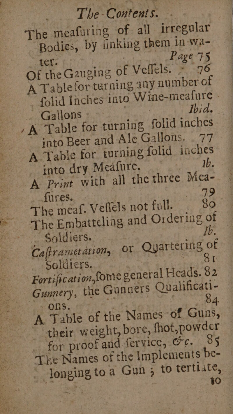 The meafuring of. all irregular Bodies, by finking them in-wa- Of the Gauging of Veffels. ~ “96 A Tablefor turning any au mber of ~ folid Inches into Wine- neafure - Gallons ae Ibid. , A Table for turning, folid inches ~ into Beer and Ale Gallons. . 77 A Table for turning folid inches into dry Meafure. ee dae A Print with all the three Mea-. } dU CES a, i “499 7 TRE meat, Vellels not full. So hs ake Embatteliag and Ordering of ps Soldiers. ibe 4 Caftramet ation, Ov Qyartering of Soldters. | Rt eae Fortification,fome general Heads. 82 Gunnery, the Gunners Qualificati- poe. oa ONS. ae sete A Table of the Names of Guns, “their weight, bore, fhot,powder _ for proof and fervice, rc. BF The Names of the {mplements be- _ longing toa Gun ; to tertiate, niet 40 =