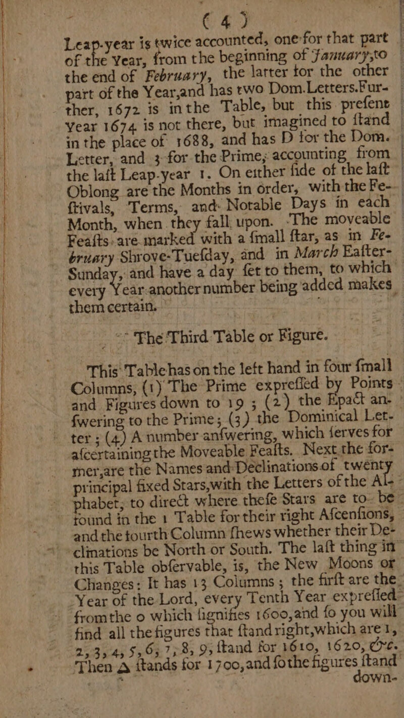 CEeye.: Year 1674 is not there, but imagined to {tan in the place of 1688, and has D for the Dom. Letter, and 3 for the Prime; accounting from the laft Leap-year_1. On either fide of the laft ftivals, Terms, and: Notable Days in each | Feafts.are marked with a {mall ftar, as in Fe- bruary Shrove-Tuefday, and in March Eafter- Sey and have a day fet to them, to which every Year.anothernumber being added makes _ them certain.” _ © The Third Table or Figure. “This Tablehason the left hand in four {mall Columns, (1) The Prime exprefied by Points. {wering to the Prime; (3) the Dominical Let- ter ; (4) A number anfwering, which ferves for a(certaining the Moveable Fealts. Next the for- mer,are the Names and-Declinations of oa principal fixed Stars,with the Letters of the Al- ° phabet, to direct where thefe Stars are to. ber and the fourth Column fhews whether their De+ this Table obfervable, is, the New Moons or Changes: It has 13 Columns ; the firft are the. Year of the Lord, every Tenth Year exprefled- find all the figures thar ftandright,which are1, 2535 45 5555 7582 95 ftand for 1610, 1620, Cre. Wile