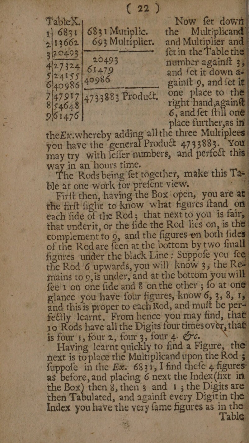 TableX. Dues) “Now fet dows) z} 6831 | 6831 Mutiplic. the Multiplicand) “2113662 | 693 Multiplier. and Multiplier and 3120493. fetin the Table the’ 4127324. ee 493 © ‘number againft 35 S\DAIS SE on V4 and fet it down a+ 6140986 409 gainft 9, and fet it 7147917 14733883 Product, One place to the 8154648 . right hand ,again® 9161476] 6, and fet {till one’ place further,as inf theEx.whereby adding all the three Multiplees : you have the general Product 4733883. You! may try with leffer numbers, and perfect this way in an hours time. ' B' The Rods being fet together, make this Tas ble at one work tor prefent view. ae Firft then, having the Box’ open, you are at) the firft fight to know what figures ftand_omt each fide of the Rod; that next to you is fair, that underit, or the fide the Rod lies on, is the complement to 9, and the figures-en both fides: of the Rodare {een at the bottom by two {mall figures under the black Line: Suppofe you fee the Rod 6 upwards, you will know 3, the Re mains to 9, is under, and at the bottom you wilk fee'1 on one fide and 8 onthe other ; fo at one glance you have four figures, know 6, 3, 8, Ty and this is proper to each Rod, and muft be per fetly learnt, From hence you may find, that. 30 Rods have all the Digits tour times ovey, that is four'1, four 2, four 3, four 4. oe. ae Having learnt quickly to find a Figure, thet next is to place the Multiplicand upon the Rod 5 ne Be in the Ex. 6331, I find thefe 4 figures as before, and placing 6 next the Index(fixt im the eer then 8, then 3 and 1 ; the Digits are then Tabulated, and againft every Digitin the Index you have the very fame figures as in a ts Ta Si ‘} fin