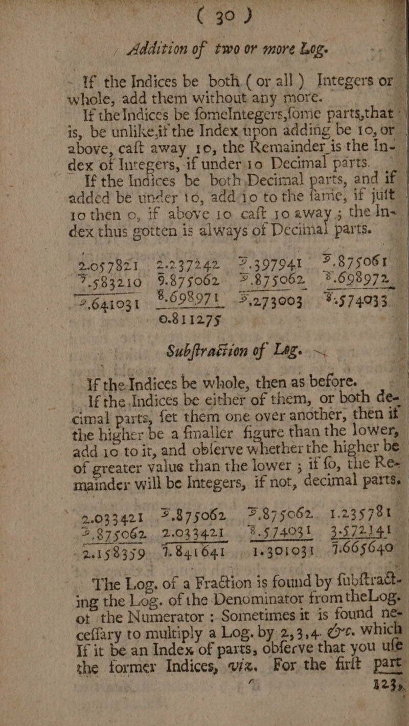 _ Addition of two or more Log. te ~ If the Indices be both ( or all) Integers or i whole, add them without any more. a If the Indices be fomelntegers,fome parts,that © is, be unlike,if the Index pon adding be 10, or | above, caft away 10, the Remainder is the In- dex of Integers, if under.1o Decimal parts. | If the Indices be both,Decimal parts, and if © added be under’ to, addio to the fanie, if juft ro then 0, if above 10 caft so away; the In&lt; dex thus gotten is always of Decimal parts. 2.057821 2.237242 7.397941 2.875061 ; 7.583210 9.875062 %.875062 8.698972 2641031 °:598971 3.273003, 9.574033. 0.811275 i Subftraéiion of Lag. ~ If theIndices be whole, then as before. lf the Indices be either of them, or both de-- cimal parts, fet them one over another, then it the higher be a fmaller figure than the lower, add 10. to it, and obferve whether the hi her be of greater value than the lower ; if fo, the Re- mainder will be Integers, if not, decimal parts. 2.033421 7.875062 3875062. 1.23578% #875062 2.033421. 8.574031 3.572140 24158359 T8464 16301031 7665640 — The Log. of a Fraction is found by fabftratt | ing the Log. of the Denominator from theLog. pt ene PASTE ; Sometimes it is page ceflary to multiply a Log. by 2,3,4. Oe. W ich If it be an Eades pe parts, tae that you u the former Indices, v2. For the firit part q 4235, oT rn Vv me