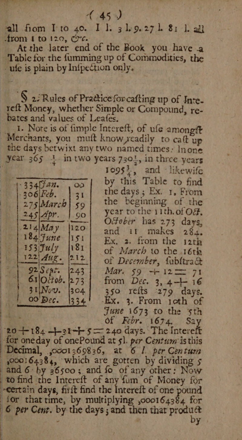 oe ES a 3 { 45) all fiom Ito 40. I 1. 319.271 81 1. a -from 1 to 120, (ve. : Atthe Jater end of the Book you have a Table for the {umming up of Commodities, the -ufe is plain by Infpection only, § 2: Rules of Practice forcafting up of Inte. reft Money, whether Simple or Compound, re- bates and values of Leafes. __ I. Note is of fimple Intereft, of ufe amongft Merchants, you muft know yeadily to caft up the days betwixt any two named times: Inone yea 365 1. in two years 7301, in three years ‘ 109$3., and - likewife oo | by this Table to find : 2 a * } eee Feb, 31 the days ; Ex. 1, From : 275\March| sq | the beginning of the | 245|4pr. | 90 year to the 11th. of OG, —|——_ | Oober has 273 days, 2T4iMay l120) and it makes 284. | 184. Fune lis Ex, 2. from the 12th a 153,July 811 of March to the 16th : Ma LOT 212). of December, fubltrad ~ | 92Sepr (243 Mar. §9 +~-12== 71 ie 61/Oét0b. 12.73 from Dec. 3, 4-- 16 311Nov. |304 350 reits 279 days. _ 0ODec. |334' -Ex. 3. From joth of yj June 1673 to the sth \ ea Of Febr. 1674, Sa | 20+-184 -+31-- § = 240 days. The Intere for oneday of onePound at 51. per Centum is this Decimal, 0001369826, at 6 1 per Centurm - 000164384, which are gotten by dividing 5 -and 6 by 36500; and fo of any other: Now | tofind the Intereft of any {um of Money for “Certain days, firit find the Intereft of one pound ior that time, by multiplying ,000164384 for 6 per Cent. by the days ; and then that ee ; y rf \j