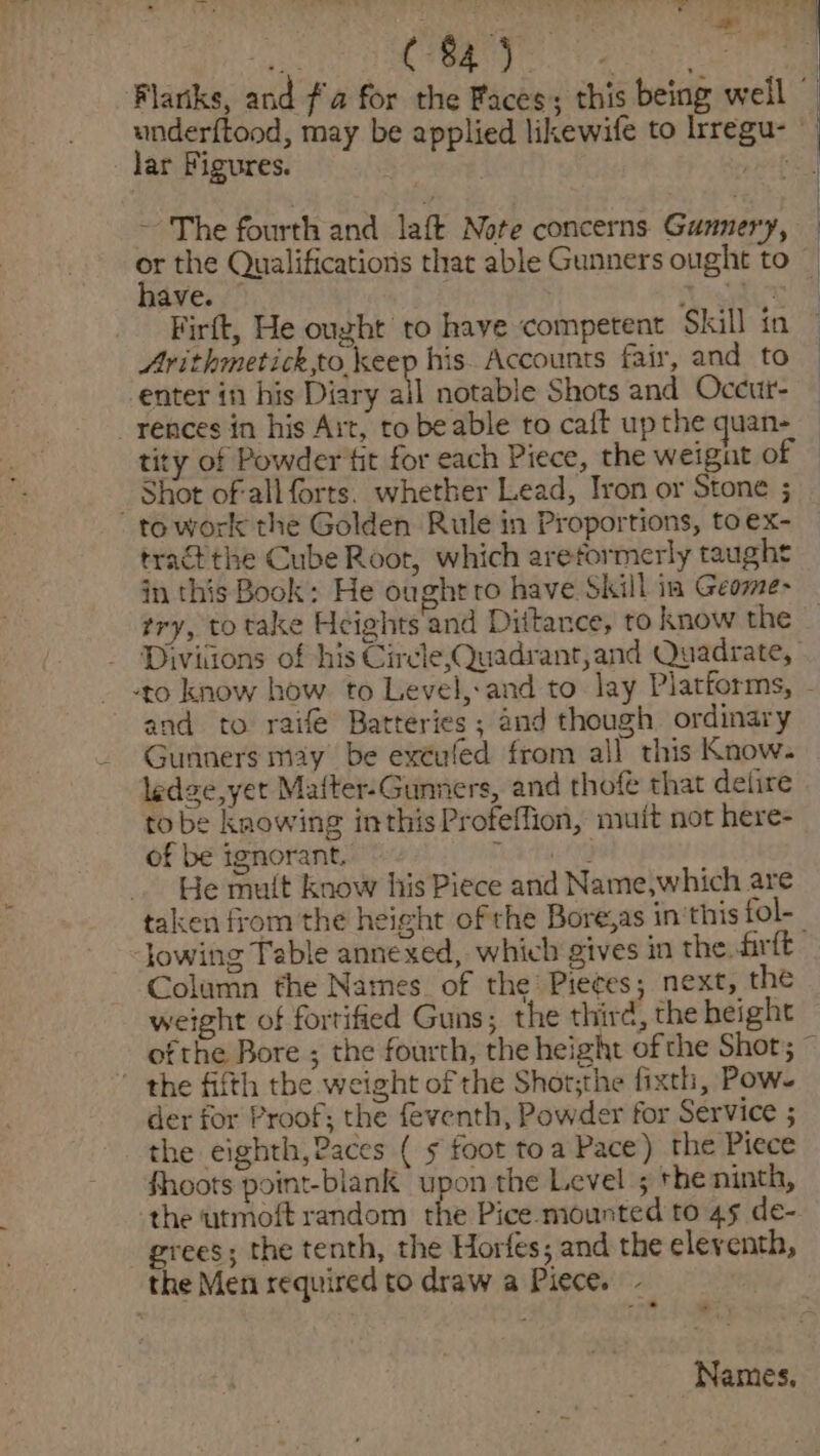 . ad RH. ‘ ‘as Si a hata oe one Flariks, and fia for the Faces; this being well © underftood, may be applied likewife to Irregu- lar Figures. prt ~ The fourth and laft Note concerns Gunnery, — or the Qualifications that able Gunners ought to © have. | HIST ie: Firft, He ought to have competent Skill in Arithmetick,to keep his. Accounts fair, and to enter in his Diary all notable Shots and Occut- _rences in his Art, to beable to caft up the quan- tity of Powder tit for each Piece, the weignt of © _ Shot ofall forts. whether Lead, Iron or Stone ; to work the Golden Rule in Proportions, toex- tract the Cube Root, which areformerly taughs in this Book: He ought ro have Skill ia Geome- try, to take Heights and Dittance, to know the Diviiions of his Circle,Quadrant,and Quadrate, -to know how to Level,-and to lay Platiorms, - and to raife Batteries; and though ordinary Gunners may be extufed from all this Know. ledge,yet Mafter-Gunners, and thofé that delire tobe knowing inthis Profeffion, mutt not here- of be ignorant. cht i, XG He mult know his Piece and Name,which are taken from the height ofthe Bore,as in'this fol- Jowing Table annexed, which gives in the. firft Column the Names of the Pie¢es; next, the weight of fortified Guns; the third, the height ofthe Bore ; the fourth, the height ofthe Shot; ~  the fifth the weight of the Shot;the fixth, Pow- der for Proof; the feventh, Powder for Service ; the eighth,Paces ( 5 foot toa Pace) the Piece fhoots point-blank upon the Level ; the ninth, the utmoft random the Pice-mounted to 45 de- grees; the tenth, the Horfes; and the eleventh, the Men required to draw a Piece. - Names,