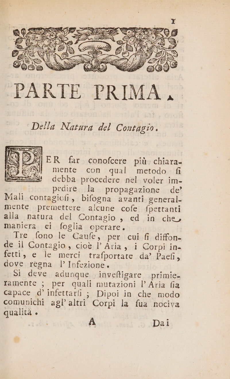 PARTE PRIMA, Della Natara del Contagio. SIGIZI ER far conofcere più. chiara» ili mente con qual metodo fi debba procedere nel voler im- pedire. la. propagazione de’ Mali contagiofi, bifogna avanti general. mente premettere alcune cofe fpettanti alla natura del Contagio , ed in che, maniera ei foglia operare. Tre fono le Caufe, per cui fi diffon- de il Contagio, cioè |’ Aria, i Corpi in- fetti, e le merci trafportate da’ Paefi, dove regna | Infezione. | SI deve adunque. inveftigare primie. ramente ; per quali mutazioni |’ Aria fia capace d’ infettarfi ; Dipoi in che modo comunichi agl’ altri Corpi la fua nociva qualità è À Dai
