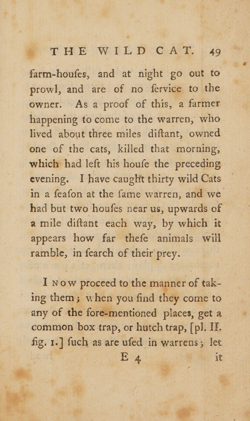 farm-houfes, and at night go out to prowl, and are of no fervice to the owner. As a proof of this, a farmer happening to come to the warren, who. lived about three miles diftant, owned one of the cats, killed that morning, which had left his houfe the preceding evening. I have caught thirty wild Cats in a feafon at the fame warren, and we had but two houfes near us, upwards of a mile diftant each way, by which it appears how far thefe animals will ramble, in fearch of their prey. I now proceed to the manner of tak- common box trap, or hutch trap, [pl]. 11. fig. 1.] fuch as are ufed in warrens; let B4 cg ee
