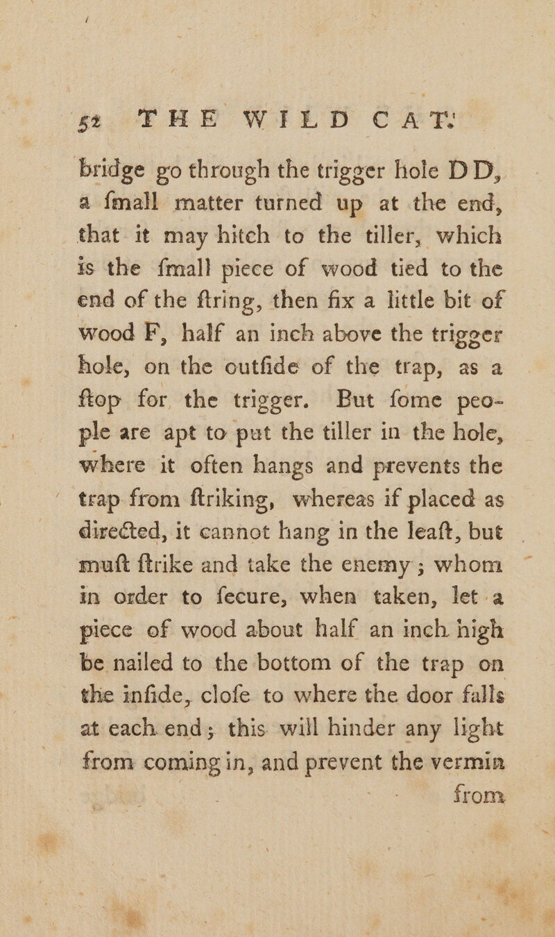 be} ge THE WILD CAT: a {mall matter turned up at the end, that it may hitch to the tiller, which is the {mall piece of wood tied to the end of the ftring, then fix a little bit of wood F, half an inch above the trigger hole, on the outfide of the trap, as a fiop for the trigger. But fome peo- ple are apt to put the tiller in the hole, where it often hangs and prevents the directed, it cannot hang in the leaft, but | mutt {trike and take the enemy; whom ~ in order to fecure, when taken, let a piece of wood about half an inch high be nailed to the bottom of the trap on the infide, clofe to where the door falls at each end; this will hinder any light from coming in, and prevent the vermin | from
