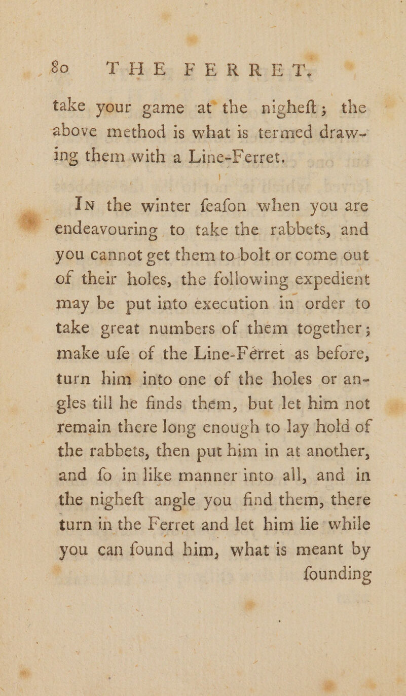 fee 82 Teh G EERE * take your game at* the nighett; the above method is what is teraved draw- ing them with a Line-Ferret, } In the winter feafon when you are endeavouring to take the rabbets, and you cannot get them to-bolt or come out of their holes, the following expedient may be put into execution in order to take great numbers of them together ; make ufe of the Line-Férret as before, turn him into one of the holes or an- gles till he finds them, but let him not remain there Jong enough to lay hold of _ the rabbets, then put him in at another, and fo in like manner into all, and in the nigheft angle you find them, there turn in the Ferret and let him lie while zou can found him, what is meant by . founding