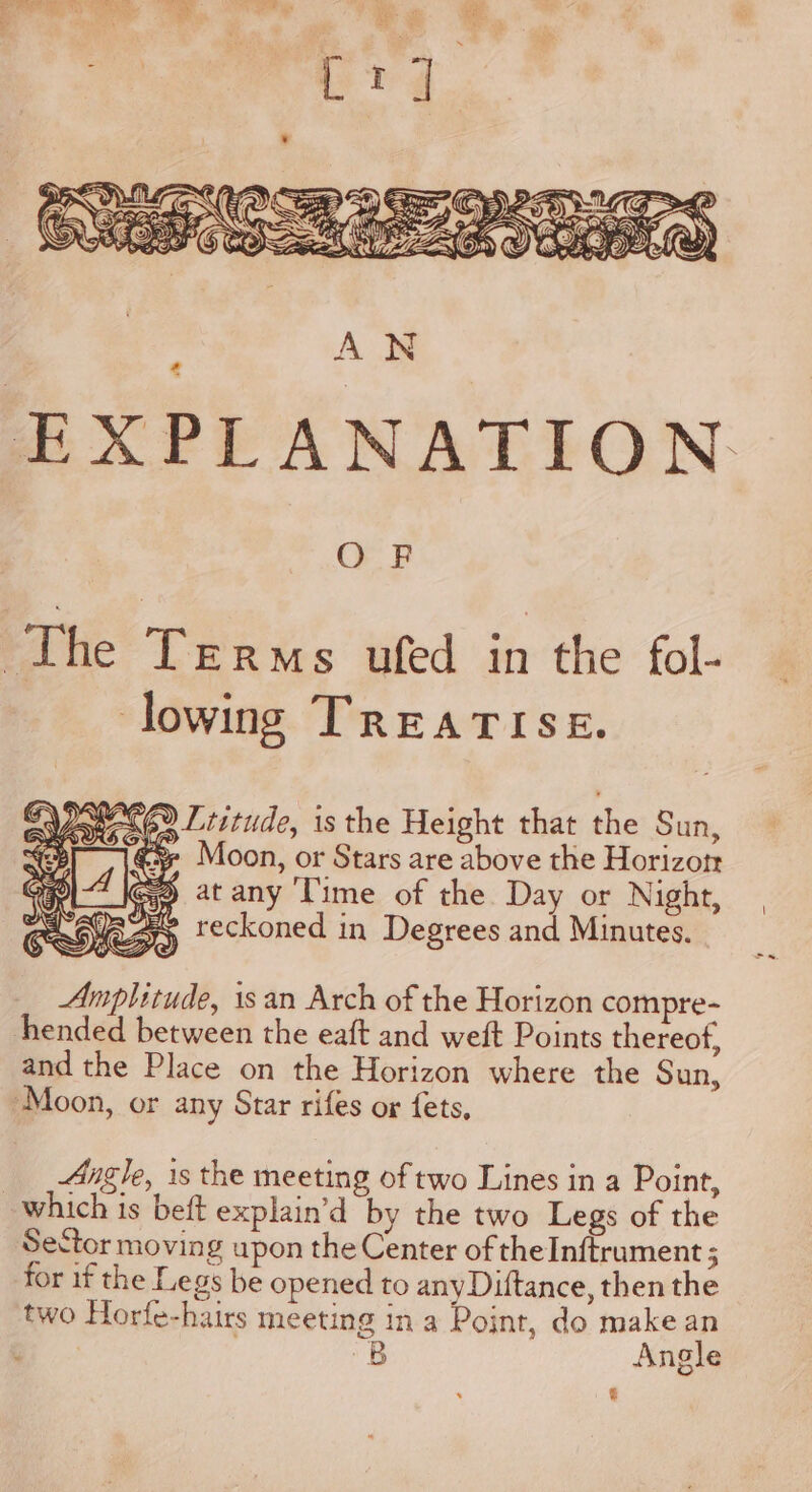 O F The Ten. ufed in the fol- lowing TREATISE. Pa6°% Ltttude, is the Height that the Sun, WZ) ‘ : % Moon, or Stars are above the Horizotr gp atany Time of the Day or Night, © reckoned in Degrees and Minutes. LY, i Amplitude, isan Arch of the Horizon compre- hended between the eaft and weft Points thereof, and the Place on the Horizon where the Sun, ‘Moon, or any Star rifes or fets, _ _ Angle, 1s the meeting of two Lines in a Point, which is beft explain’d by the two Legs of the Sector moving upon the Center of the Inftrument for if the Legs be opened to any Diftance, then the two Horfe-hairs meeting in a Point, do make an B Angle é