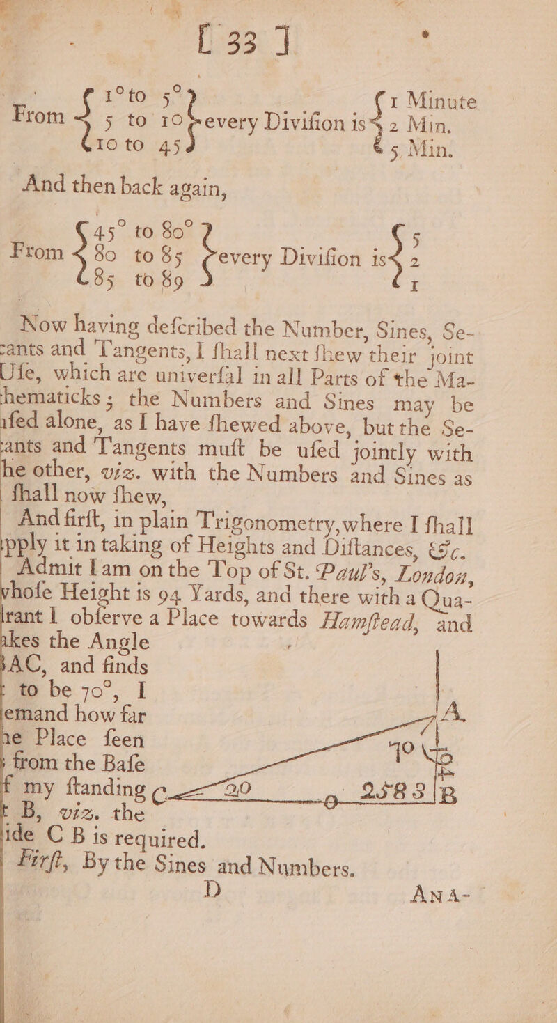 ie § 1°to 5° ae Cr Mingte From = 5 to 10 every Divifion is$ » Min. bie to 45 5. Min. “And then back again, | 45° to 80° as Ns From &lt; 80 to 85 every Divifion is&lt; 2 85 to 89 » I Now having defcribed the Number, Sines, Se- ants and 'T'angents, I fhall next fhew their joint Ufe, which are univerfal in all Parts of the Ma- hematicks ; the Numbers and Sines may be ifed alone, as I have fhewed above, but the Se- ants and 'T'angents muft be ufed jointly with he other, wiz. with the Numbers and Sines as fhall now fhew, And firft, in plain ‘Trigonometry,where I fhall pply it in taking of Heights and Diftances, &amp;, Admit lam on the Top of St. Pau/’s, London, hofe Height is 94 Yards, and there with a Qua- rant 1 obferve a Place towards Hamftead, and kes the Angle ; AC, and finds to be 70°, I emand how far e Place feen from es Bafe my ftanding 7_, t B, viz. Ve ide C B is required. Firft, By the Sines and Numbers. D