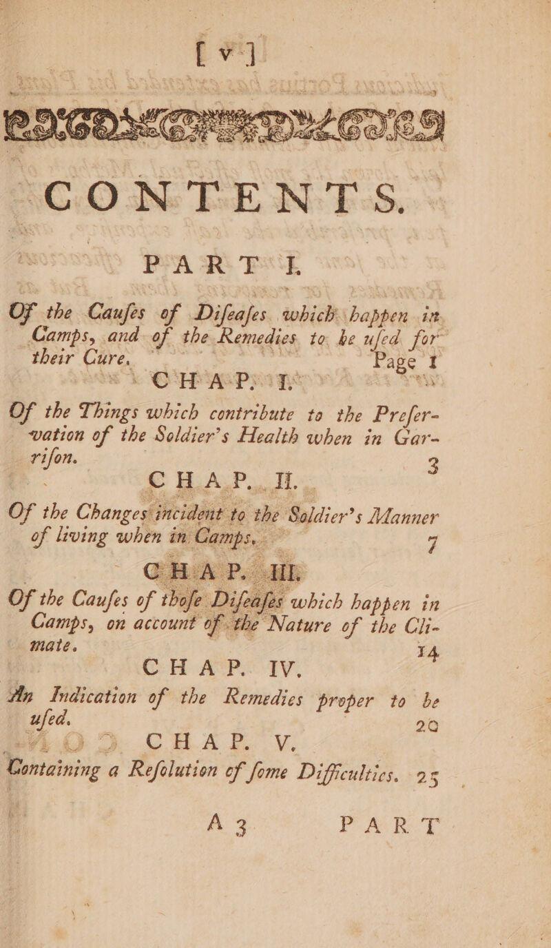 CONTENTS. PA REE F the Caujes of Diledfes which bappen ist aa and of the Remedies. to. be ufed for their Cure, © ce Page I 8 COP ASPs THE a Of the Things which contribute to the Prefer- vation of the Soldier’s Health when in Gar- rifon. ) 3 Of the Changes incident to the Soldier’s Manner of living when in Camps, — 7 Of the Caufes of : thofe Difeaf 4 hich happen in Camps, on account of the Nature of the Cli- mate. 14 b CHAP. Iv. An Indication of the Remedies proper to be ee 2.0 A023. CHAP Vv. Containing a Refolution of fome Difficulties. 2 5 a A 3 a og ee