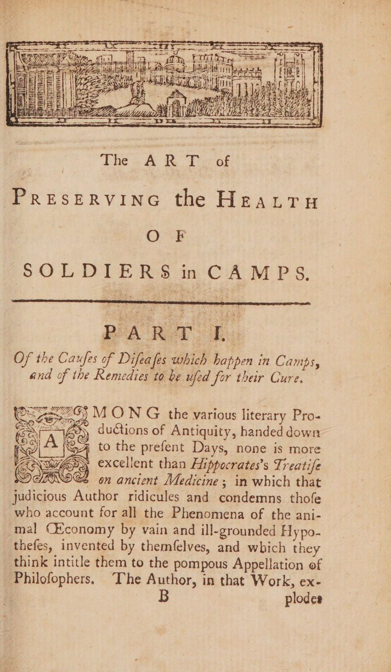 | The ART of PRESERVING the Heatru O F SOLDIERS in CAMPS. Of the Caufes of Difeafes which happen in Camps, and of the Remedies to be ufed for their Cure. SS M ON G tthe various literary Pro- SE x ) ductions of Antiquity, handed down A 4 to the prefent Days, none is more y excellent than Hippocrates’s Treatife SPARSE on ancient Medicine; in which that judicious Author ridicules and condemns thofe who account for all the Phenomena of the ani- mal Economy by vain and ill-grounded Hypo- thefes, invented by themfelves, and which they think intitle them to the pompous Appellation of Philofophers. The Author, in that Work, ex- B plodes