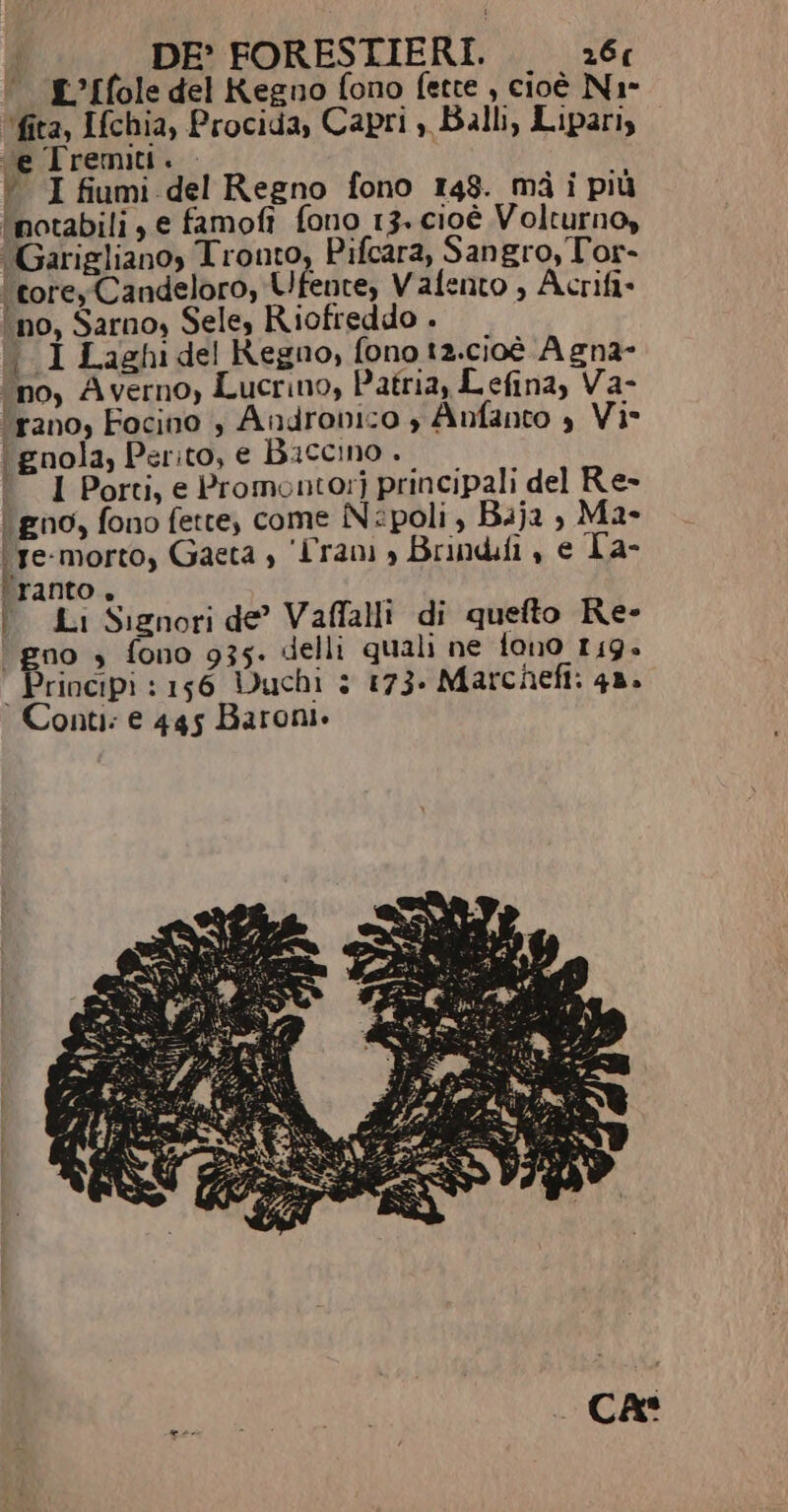 DE? FORESTIERI. 26 L’Ifole del Kegno fono fette , cioè N1- ‘fita, Ifchia, Procida, Capri , Balli, Lipari, ce Tremu. . “I fiumi del Regno fono 148. mà i più ‘notabili, e famofi fono 13. cioè Volturno, ‘Garigliano, Tronto, Pifcara, Sangro, Tor- \toreyCandeloro, Ufente, Vafento , Acrifi- ‘no, Sarno, Sele, Riofreddo . (1 Laghi del Regno, fono ta.cioè Agna- ‘no, Averno, Lucrino, Patria, Lefina, Va- ‘rano, Focino , Andronico è Anfanto è Vi- Ì i gnola, Perito, e Baccino . I Porti, e Promontor] principali del Re- gno, fono fette, come Nepoli, Baja , Ma- \ge-morto, Gaeta , ‘Trani » Brindfi , e Ta- ‘ranto. 9 | Li Signori de’ Vaffallt di quefto Re- gno s fono 935. delli quali ne {ono 119» | Principi 1156 Duchi è 173» Marchefi: 4a. Conti: e 445 Baroni. CA: