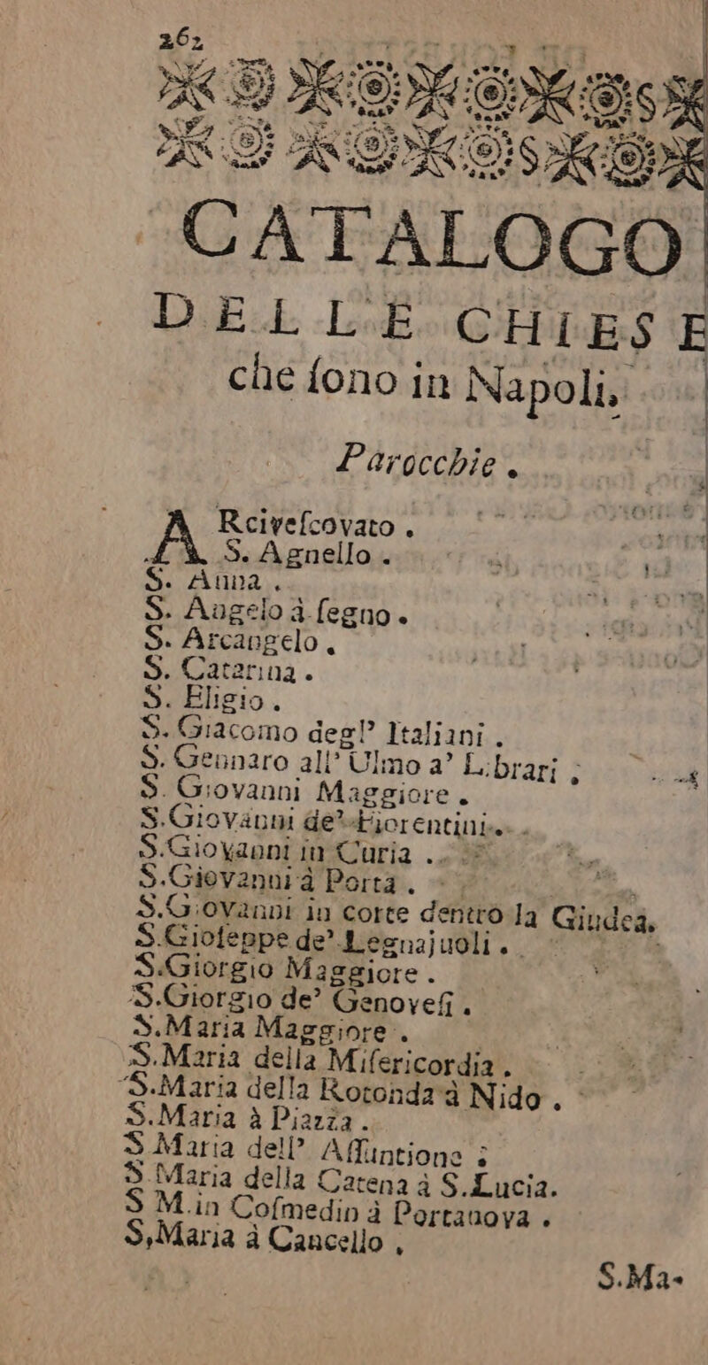 26, II 1 n 2 APRI mr ù altò s'e VA «® xD ee VU: iS DIBy GOMSACINAOI AS 10) 4 109), Ai FUIT aa LI ASKISRD DiEk: Iomds CHIES che fono in Napoli, Parocchie. A Rceivefcovato. patti { + Agnello . 3 ri S. Anna. i » Augelo 4 fegno + . Arcangelo, . Catarina. . Eligio. S. Giacomo deg! Italiani . S. Gennaro all’ Ulmo 2° Librari, i &gt;. Giovanni Maggiore. S.Giovanni de®Hiorentinis. S.Gioywaoni in Curia .. 05 S.Giovanni à Porta. © sai = 9g S.Giovanni in corte dentro la Giudea, S.Giofeppe de’ Lesnajuoli. © 9 SiGiorgio Maggiore . S.Giorgio de? Genoyefi . S.Maria Maggiore. S.Maria della Mifericordiz . “S.Maria della Rotonda'à N ido. * S.Maria è Piazza. S.Maria dell’ Affintione ; S.Maria della Catena a S.Lucia. &gt; M.in Cofmedin à Portanova . S.Maria à Cancello , v) » Pun S.Ma.