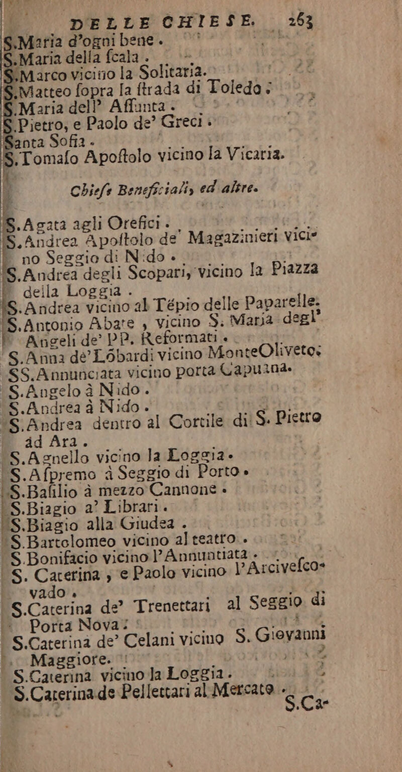 ‘S.Maria d’ogni bene . pu SATTA Pa della fcala. | SiMarco vicitio la Solitaria. | Matteo fopra la ftrada di Toledo: ‘Maria del’ Affunta + | °°‘ S.Pietro, e Paolo de’ Greci . Santa Sofia. A ke .Tomafo Apoftolo vicino la Vicaria. Ki di Chiefs Beneficialiy ed' altre. È , U % _ S.Agata agli Orefici. , 2 S.Andrea Apoftolo de' Magazinieri viCi* T_ no Seggio di Nido è. (S.Andrea degli Scopariy vicino la Piazza T della Loggia . {S.Andrea vicino ab Tépio delle Paparelle. (S.Antonio Abate , vicino S; Maria degl’ Angeli de PP. Reformati + S.Anna de LSbardi vicino MonteOliveto: -SS.Annunciata vicino porta Capuzna. (S.Angelo è Nido. S.Andrea è Nido. Tuir ‘S.Andrea dentro al Cortile di: S. Pietro id Ara. ‘S.Aznello vicino Ja Loggia. \S.Afpremo a Seggio di Porto » ‘S.Bafilio à mezzo Cannone » \S.Biagio a’ Librari. ‘S.Biagio alla Giudea . S Bartolomeo vicino alteatro.. S.Bonifacio vicino PAnnuntiat + 20, | | S. Carerina ; e Paolo vicino l’Arciveflco* ‘vado. (ea | S.Caterina de” Trenettari al SESgiO di °° Porta Nova: ‘| bd a | S.Caterina de’ Celani vicino S. Giovanni 1. Maggiore. AAT S.Caterina vicino la Loggia. — &gt;. A S.Caterina dePellettari al Mercato S.Ca°