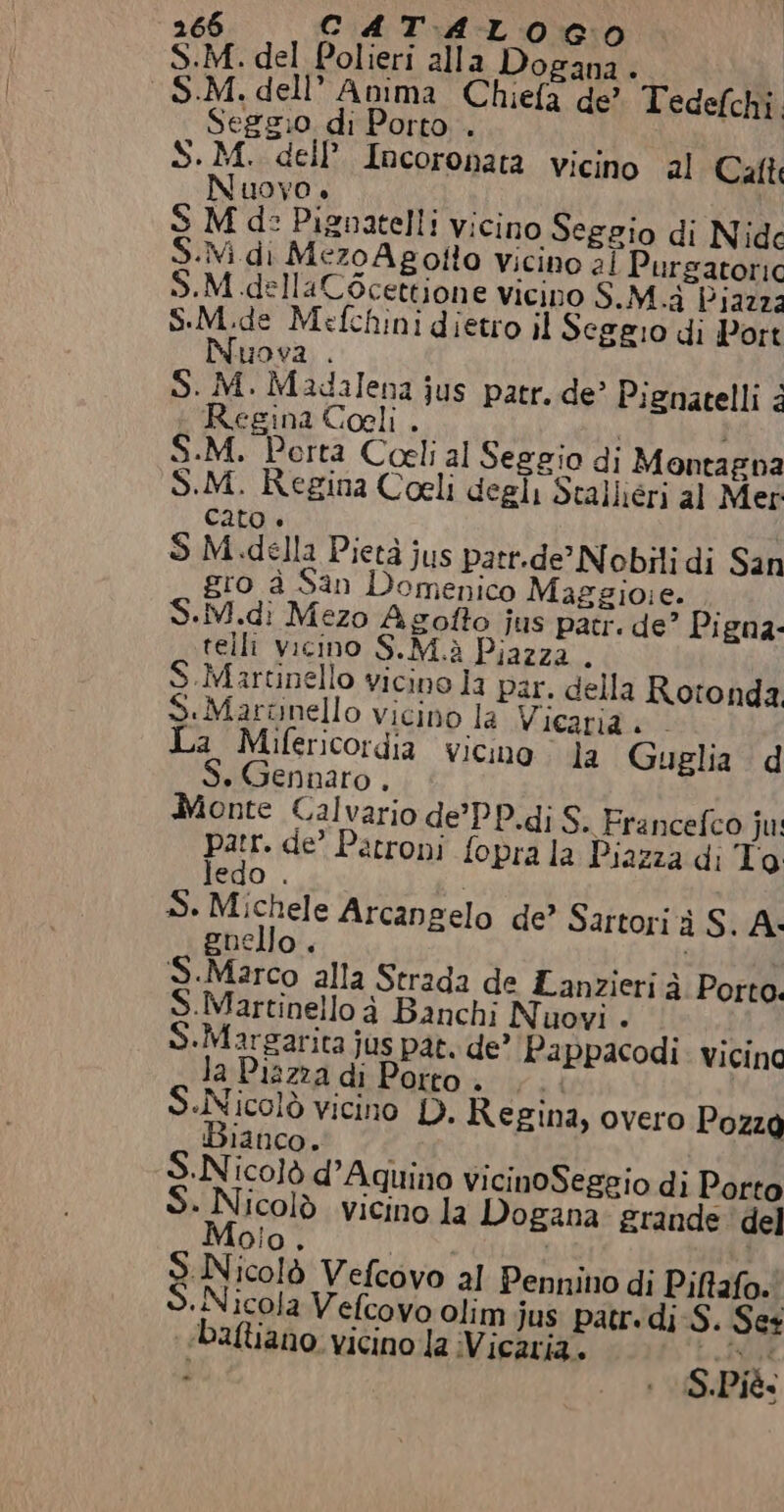 S.M. del Polieri alla Dogana . S.M. dell’ Anima. Chiefa de Tedefchi. Seggio di Porto . S.M. dell’ Incoronata vicino al Catt Nuovo. S M de Pignatelli vicino Seggio di Nidc S.Mi.di MezoAgotto vicino 21 Purgatoric S.M dell'aC6cettione vicino S.M.d Piazza S.M.de Mefchini dietro il Seggio di Port Nuova . tai S. M. Madalena jus patr. de’ Pignatelli è Regina Coeli . ; S.M. Porta Coeli al Seggio di Montagna S.M. Regina Coeli degli Scallieri al Mer cato è S M della Pietà jus patt.de’ Nobili di San gro à San Domenico Maggiore. S.M.dì Mezo Agofto jus pactr. de? Pigna- telli vicino S.M.à Piazza . S.Martinello vicino la par. della Rotonda Marinello vicino la Vicaria + La Mifericordia vicino la Guglia d S, Gennaro . Monte Calvario de’PP.di S. Francefco ju: par. de’ Patroni fopra la Piazza di To edo . S. MSIRE Arcangelo de’ Sartori i S. A: guello . ( S.Marco alla Strada de Lanzieri à Porto. S.Martinello à Banchi Nuovi . MT +Margarita jus pat. de’ Pappacodi: vicino la Piazza di Porto. ;.. «Nicolò vicino D. Regina, overo Pozza Bianco, S.Nicolò d’Aquino vicinoSeggio di Porto » Nicolò vicino la Dogana: grande del oio, i i S Nicolò Vefcovo al Pennino di Piftafo. | «Nicola Vefcovo olim jus patr. di-S. Ses «baftiano vicino la Vicaria. LIU |  uS.Bi