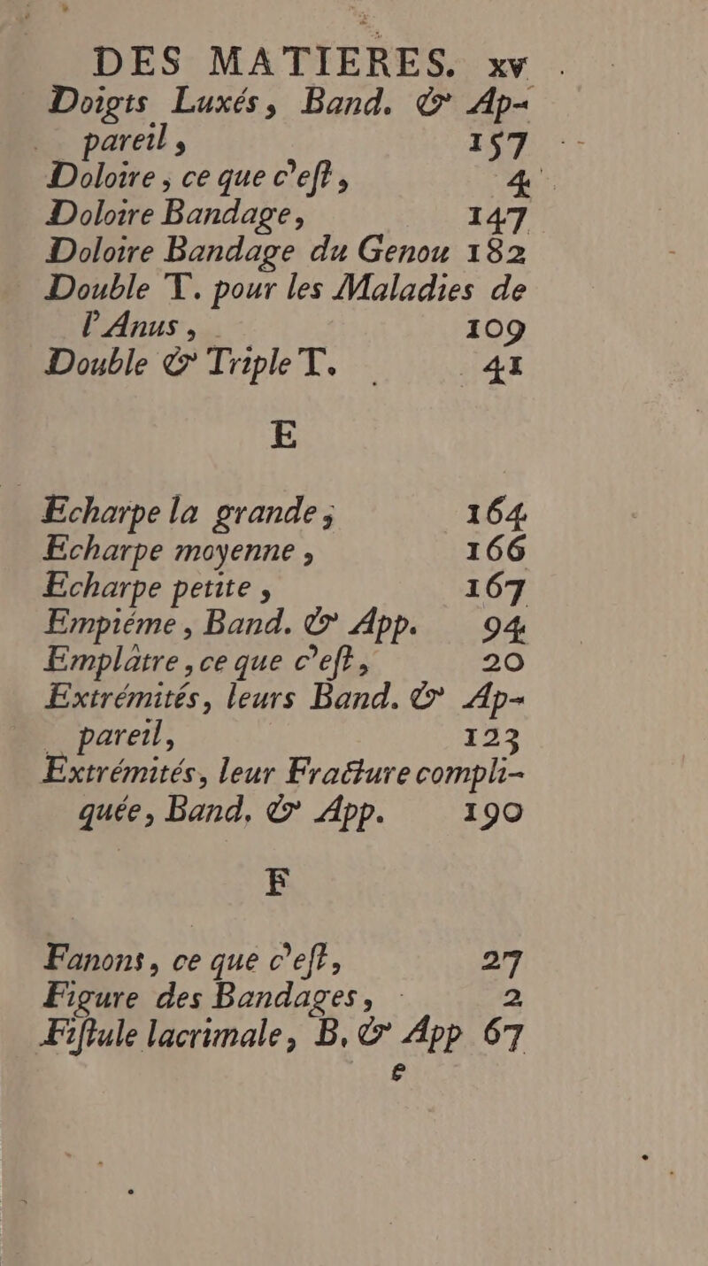 Doigts Luxés, Bond, &amp; Ap- pareil 2 7 EN Doloire ; ce que c’ef?, 4 Doloire Bandage : 147 Doloire Bandage du Genou 182 Double T. pour les Maladies de PAnus, 109 Double &amp; Triple TT, _4I E Echarpe la grande; 164 Echarpe moyenne ; 166 Echarpe petite, 167 Ernpiéme, Band. © App. 94 Emplarre, ce que c’ef}, 20 Extrémités, leurs Band. &amp; Ap- pareil, 123 Extrémités, leur Fraëfure compli- quée, Band, © App. 190 F Fanons, ce » que c'eft cl Figure de Bandages, ÆFiftule lacrimale, B, CRE 67