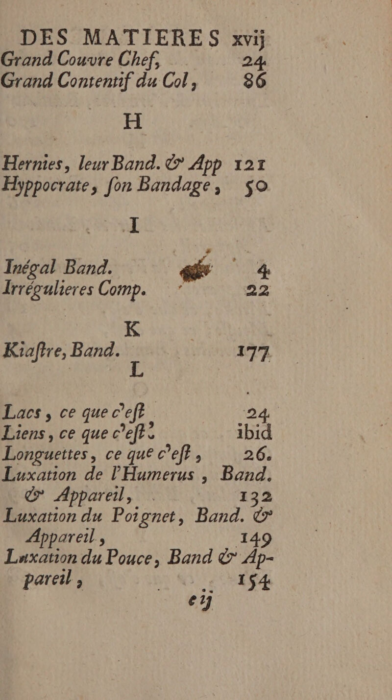 DES MATIERES ÉD Grand Couvre Chef, Grand Contentif du Col, 86 H trier, leurBand. &amp; App 121 Hyppocrate, fon Bandage, $o UE Inéval Band. pr 14 “it Comp. 22 K Kiofire, Band. 177 | L Lacs, ce quec fe, 24 Liens, ce que c’efrc ibid Longuettes, ce que c’eff, 26. Luxation de l'Humerus , Band. &amp; Appareil, 132 Luxation du Poignet, sé É Appareil : Laxation du Pouce, Band &amp; ie pareil , A Tee 67
