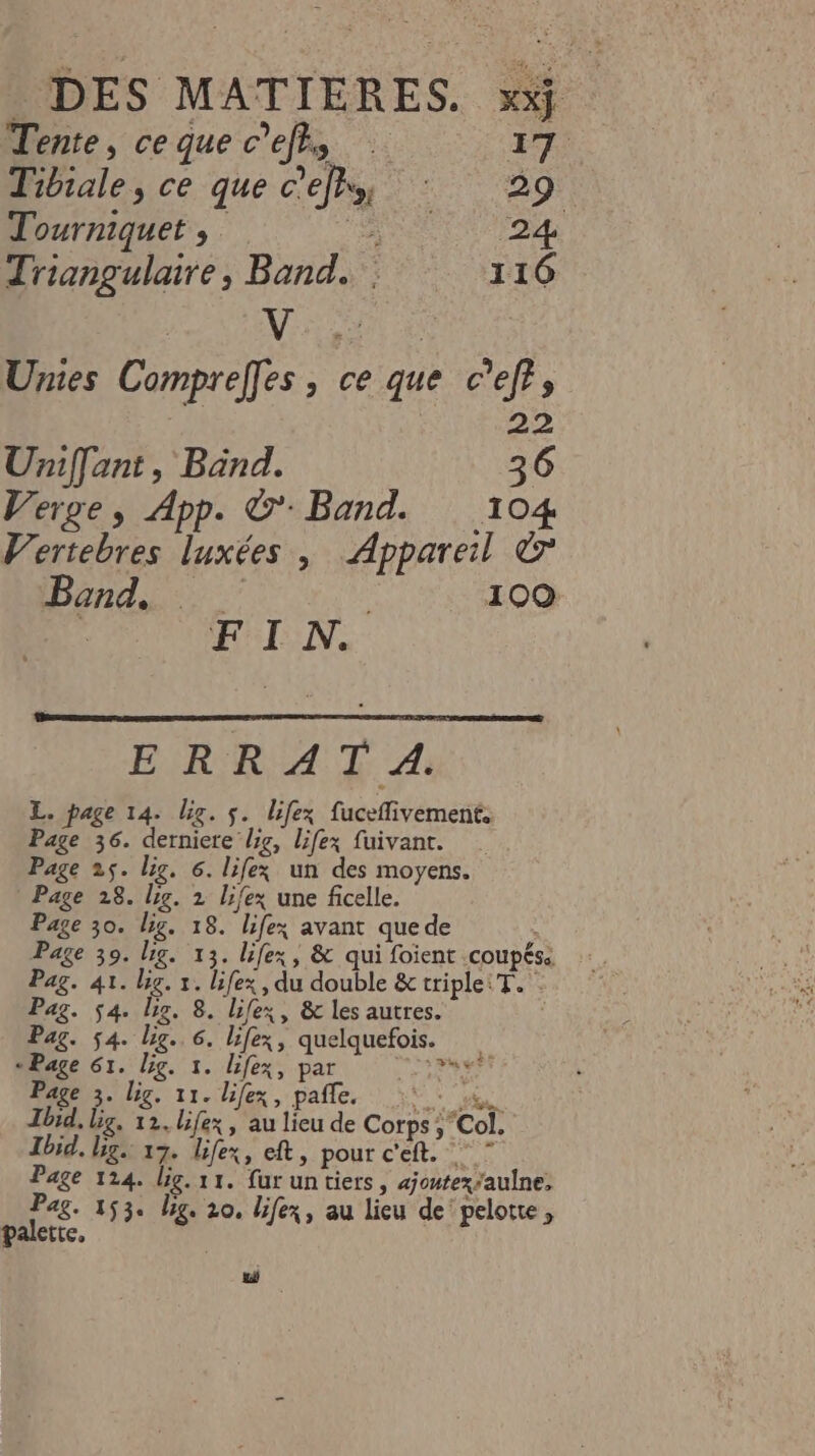 Tente, ceque c'ets F7; Tibiale, ce que c'efhy ‘ 29 Tourniquet ; RPC ou Triangulaire, Band. : 116 Mis ot de Unies Comprelfes , ce que c’ef?, 22 Unifant, Band. 36 Verge, App. ©’ Band. 104 Vertebres luxées |, Apparel & Band, 109 | FIN. ERRAT A. L. page 14. lis. s. lifex fuceflivement. ne A6. AA ENTAR fuivant. Page 25. lig. 6. lifex un des moyens. Page 28. lig. 2 lifex une ficelle. Page 30. lig. 18. lifex avant quede Page 39. lg. 13. lifex, & qui foient coupés. Pag. 41. lig. 1. lifex, du double & triple: T. Pag. 54. lis. 8. lifex, & les autres. Pag. 54. lg. 6. lifex, quelquefois. «Page 61. lig. 1. lifex, par x Page 3. lig. 11. lifex, pañfe. Ur CAS Ibid. lig. 12. lifex, au lieu de Corps ; Col. Ibid. lg. 17. lifex, eft, pour c'eft. * ” Page 114. lig. 11. furuntiers, ajoutex'aulne. Pag. 153. big. 20, lifex, au lieu de’pelotte, te ge? palette,
