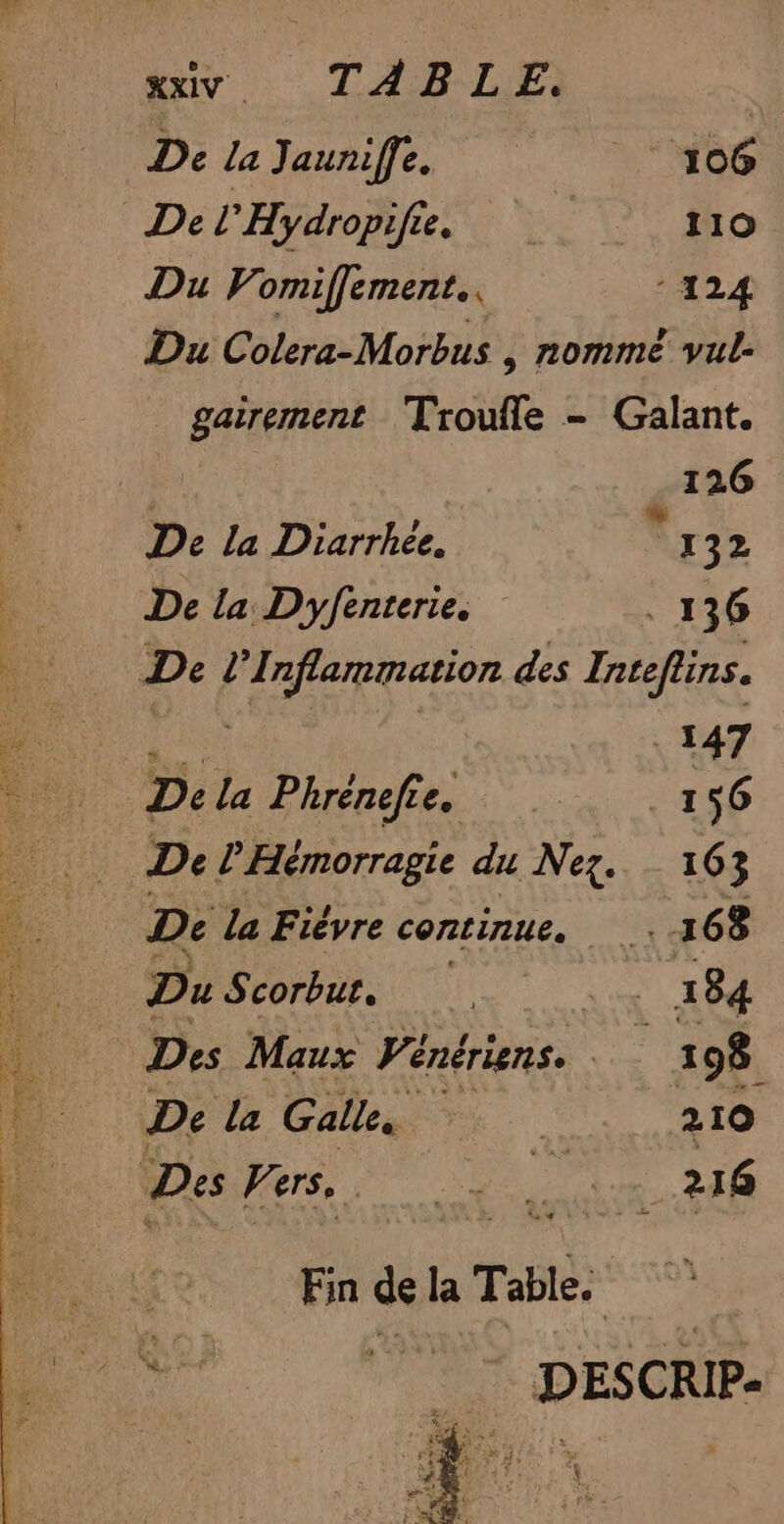 xiv, TABLE. De la Jauniffe. 106 De l'Hydropifie. 110 Du Vomiffement.. 124 Du Colera-Morbus | nommé vul gairement Troufle - Galant. | 126 De la Diarrhée. * 132 De la Dyfenterie. 136 De! ete des Inteflins. | 147 De la Phrendhes 256 De l'Hémorragie du Nez. _ 16 3 De la Fièvre continue, Us: 168 Du Scorbur, . 4 184 Des Maux Vénériens. | 1 98. De Va Galles v: h. 210 Des D GR 216 Fin de la Table.