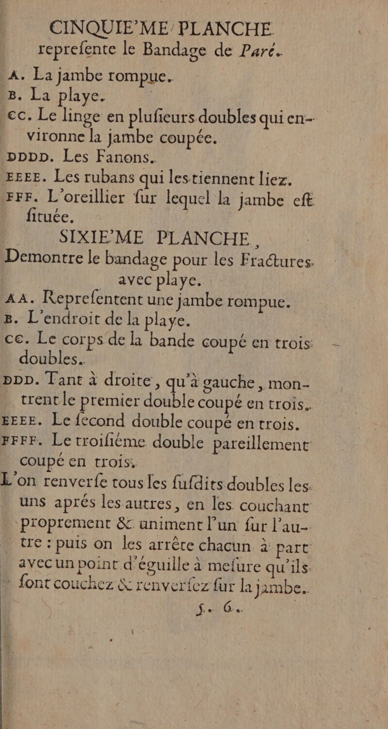 CINQUIE'ME PLANCHE reprefente le Bandage de Paré. A. La jambe rompue. B. La playe. cc. Le linge en plufieurs doubles quicen- vironncla jambe coupée. pDDD. Les Fanons. EEEE. Les rubans qui lestiennent liez. FFF. L'orcillier fur lequel la jambe eft fituée. | SIXIE'ME PLANCHE. Demontre le bandage pour les Fractures. | _ avec playe. AA. Reprefentent une jambe rempue, B. L'endroit de la playe. ce. Le corps de à bande coupé en trois: doubles... pDD. Tant à droite, qu'à gauche , mon- trent le premier double coupé en trois. EEEE. Le fecond double COUpé en trois. FFFF. Le troifiéme double pareillement _ coupé en trois, L'on renverfe tous les fufdits doubles les. uns aprés les autres, en les couchant proprement &amp; uniment l’un fur l’au- tre : puis on les arrête chacun à part _ avecun point d'éguille à mefure qu'ils. + font couchez &amp; renverfez fur la jambe. NU.
