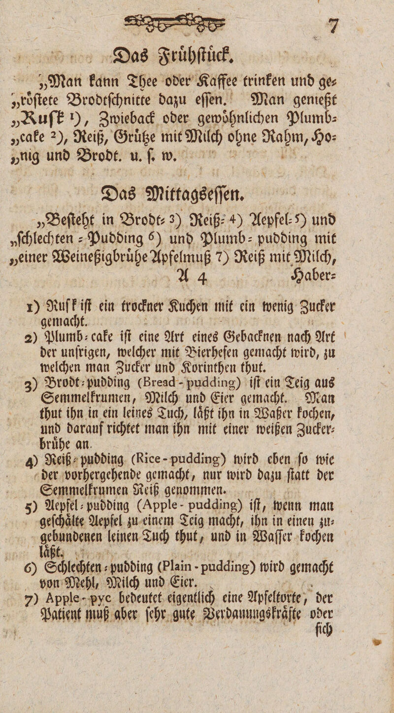 Das Zrübftück | „Mon kühn Thee oder Kaffee trinken und ge⸗ „roͤſtete Brodtſchnitte dazu eſſen. Man genießt „Rufe ), Zwieback oder gewöhnlichen Plumb⸗ „cafe 2), Reiß, Grüße ie wü one 1 „ig und Brod. u. fh w. Das Miragerſen „Beſteht in Brodt⸗ 3) Reiß 4) Aepfel⸗ 5) und „Ihlechten » Pudding 6) und Plumb: pudding mit „einer Weineßigbruͤhe W 7) Reiß mit Milch, A 4 Hab er⸗ 1) Ruſk iſt ein trockner Kuchen nit ein wenig Zucker gemacht. 2) Plumb⸗ cake iſt eine Art eines Gebacknen nach Ark der unſrigen, welcher mit Bierhefen gemacht wird, zu welchen man Zucker und Korinthen thut. 3) Brodt⸗ pudding (Bread - pudding) iſt ein Teig aus Semmelkrumen, Milch und Eier gemacht. Man thut ihn in ein leines Tuch, läßt ihn in Waßer kochen, und darauf richtet man ihn mit einer weißen Zucker⸗ bruͤhe an. 40 Reiß pudding (Rice - pudding) wird eben ſo wie der vorhergehende gemacht, nur wird dazu ſtatt der Semmelkrumen Reiß genommen. 5) Aepfel⸗ pudding (Apple. pudgine) iff, wenn man geſchaͤlte Aepfel zu einem Teig macht, ihn in einen zu: | en leinen Tuch thut, und in Waſſer kochen 6 es, pudding (Plain - pudding) wird Amke von Mehl, Milch und Eier. 7) Apple - pye bedeutet eigentlich eine Apſeltote, , der Patient muß aber ſehr gute Verdauungskraͤſte 5