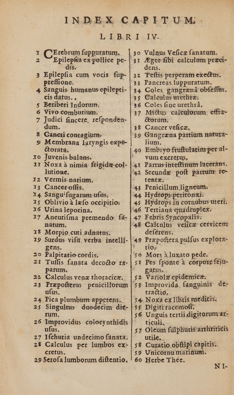 X 2 3 4 27 28 QCE:rebrum fuppuratum. Epilepfía ex pollice pe- dts. Epilepfia cum vocis fup- preffione. : cis datus. , Beriberi Indorum. Vivo-comburium. Judici fincere. zefpondea- dum. Membrana laryngis expé- &amp;orata. Juvenis balans. Noxa à nimia: ftigidie-col- lutione. Vermis-narium. Cancer-offis. Sanguifugarum ufüs; Oblivioà lzfo occipitio: Urinaleporina. —— Aneurtifma premendo: fá- natum. Morpio cuti adnatus. Surdus vifü. verba. intelli- gens. Tuffis fanata deco&amp;o ta- parum. Calculus venz thoracicz. Prapofterus penicillorum ufus. Singultus. duodecim die- rum. ufus. Ifchuria undecitno fánata. Calculus per lumbos ex- cretus. 30 4à M L LÍ Pr r3 45 46 47 48 ET $$ $57 $8 60 Vulnus Veficz fanatum. JEger-fibi calculum praci-- dens. Teftis perperam exectus. Pancreas fuppuratum. Coles gángrená obfeffüs., Caléulus uretlirz:; Coles fine urethrá, Má&amp;us calculorum: effra- GPoruüfi: Cancer veficz. Gangrzna partium natura- lium. ^ Eribryo fruftulatimrperal- vum excretus, bu Partusinteftinum Tacetans. Secundz poft partum: re- tehtz; Penicillum ligneum. Hydtóps 18 cornubus uteri. Tertiana quadruplex. Febris Syncopalis: Calca]üs veficz- cervicem deférens: : Przpoftera pulfus explora- tio» Morsàiluxato pede. —— Pes fpónte à corpore feju- atus.. Improvida. fanguinis die tractio.. Digiti racénioft. ticuli. : Oleum fulphiuris arthiriticis üt... .. bi Curatio obftipi capitis.. Unicornumarinutm. Herbe Théec. NI-