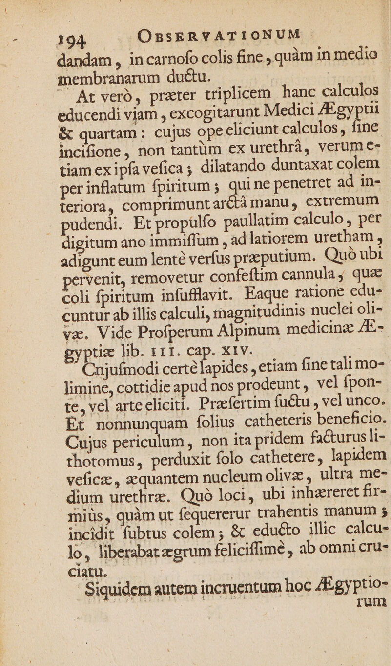 dandam, in carnofo colis fine , quàm in medio membranarum ductu. | | ^ At vero, prater triplicem hanc calculos educendi viam , excogitarunt Medici ZEgyptii &amp; quartam : cujus ope cliciunt calculos, fine. incifione, non tantüm ex urethrà, verum e- tiam ex ipfa vefica ; dilatando duntaxat colem perinflatum fpiritum ; qui ne penetret ad in- teriora, comprimunt arctà manu, extremum pudendi. Etpropülfo paullatim calculo, per digitum ano immiffum , ad latiorem uretham , adigunt eum lenté verfus praeputium. Quo ubi ervenit, removetur confeftim cannula, quac coli fpiritum infufllavit. Eaque ratione edu- cuntur ab illis calculi, magnitudinis nuclei oli- va. Vide Profperum Alpinum medicinz /É- gyptiz lib. 111. cap. xtv. Cnjuímodi certe lapides , etiam fine tali mo- limine, cottidie apud nos prodeunt , vel fpon- te, vel arteeliciti. Praefertim fu&amp;u , vel unco. Et nonnunquam folius catheteris beneficio. Cujus periculum , non ita pridem facturus li- thotomus, perduxit folo cathetere, lapidem veficac, aequantem nucleum olivz , ultra me- dium urethrz. Quo loci, ubi inhzreret fir- miüs, quàm ut fequererur trahentis manum 5 incidit fubtus colem ; &amp; edu&amp;o illic calcu- lo, liberabatzegrum feliciffime , ab omni cru- ciatu. | Siquidem autem incruentum hoc /Egyptio- | rum