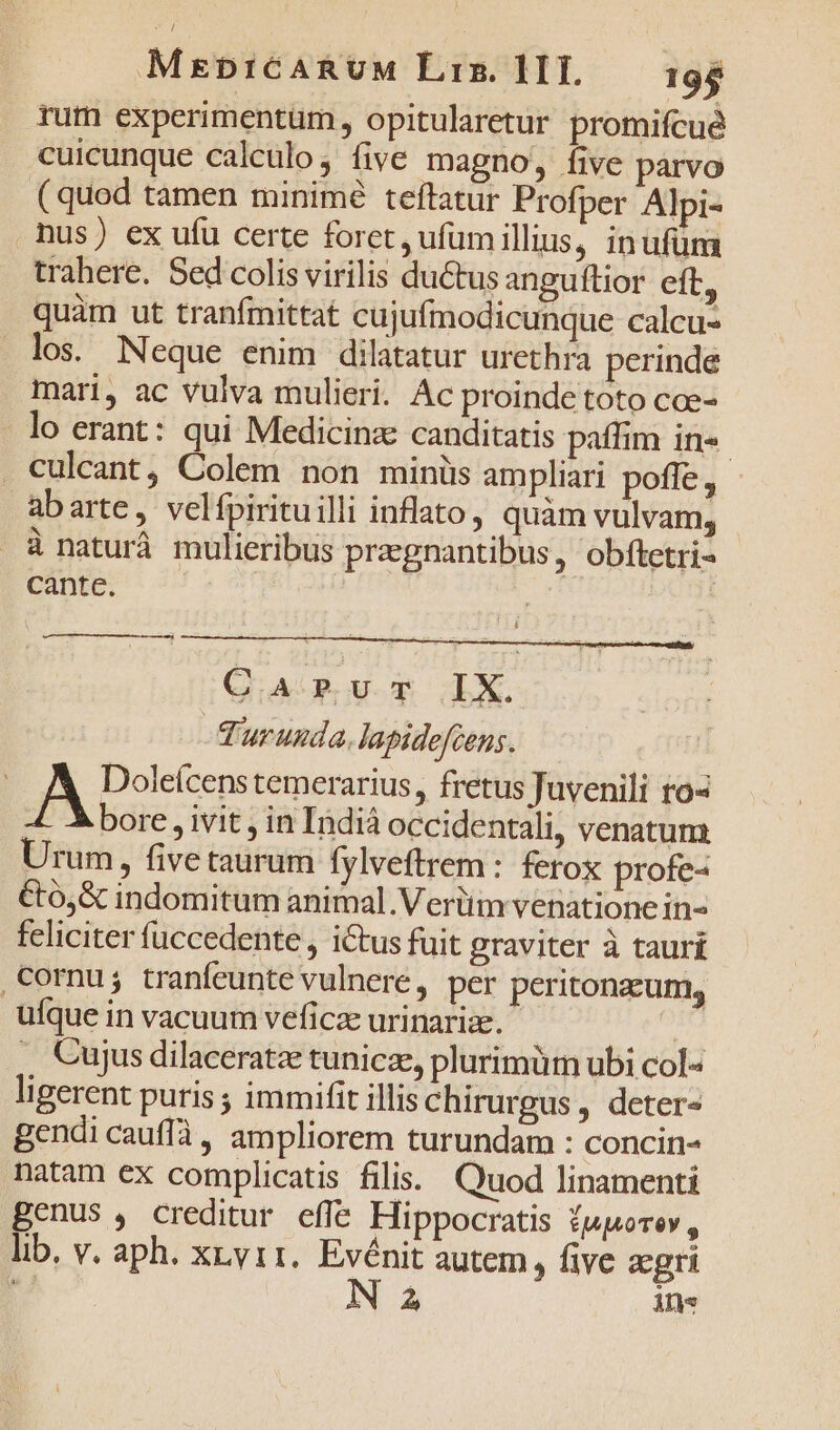 rum experimentum, opitularetur promifcué cuicunque calculo, five magno, five parvo ( quod tamen minimé teftatur Profper Alpi- nus) ex ufu certe foret , ufum illus, inufüm trahere. Sed colis virilis du&amp;us anguftior eft, quàm ut tranfmittat cujufmodicunque calcu- lo. Neque enim dilatatur urethra perinde mari, ac vulva mulieri. Ac proinde toto coe- lo erant: qui Medicina canditatis paffim in«- culcant, Colem non minüs ampliari pofle, - abarte, velfpirituilli inflato, quàm vulvam, &amp; natur mulieribus przgnantibus, obftetri- cante. | T Carvur IX. Turunda, lapideftens. ; M Dolce temerarius, fretus Juvenili to4 | bore , ivit , in Indià occidentali, venatum Urum, fivetaurum fylveftrem: ferox profe- €ó,&amp; indomitum animal .Verüm venatione in- feliciter fuccedente , iCtus fuit graviter à taurí Cornu; tranfeunte vulnere, per peritonzum, ufque in vacuum veficze urinarize. | ., Cujus dilaceratz tunicze, plurimütmn ubi col« ligerent puris ; immifit illis chirurgus, deter« gendi cauffà, ampliorem turundam : concin- natam ex complicatis filis: Quod linamenti genus , creditur effe Hippocratis fuporev, lib. v. aph. xryrr. Evénit autem, five xgri * N 2 ins