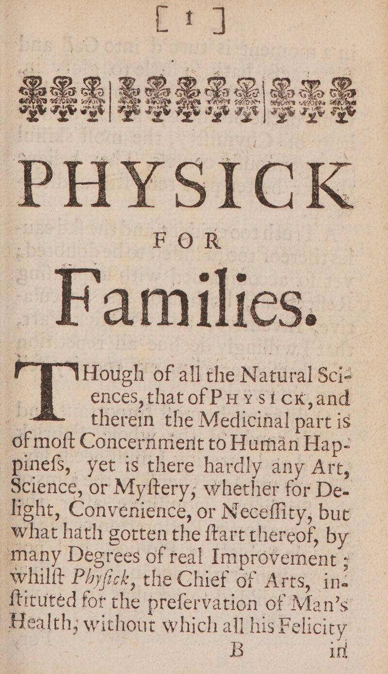 - Families. 6 es of all the Natural Sci- | ences, that of PHysick,and _ ® therein the Medicinal part is of moft Concernmient to Human Hap- pinefs, yet is there hardly any Art, Science, or Myftery; whether for De- light, Convenience, or Neceffity, but what hath gotten the ftart thereof, by many Degrees of real Improvement : whilft Phyfick, the Chief of Arts, ins ftitutéd for the prefervation of Man’s Health; without which all his F elicity , B in