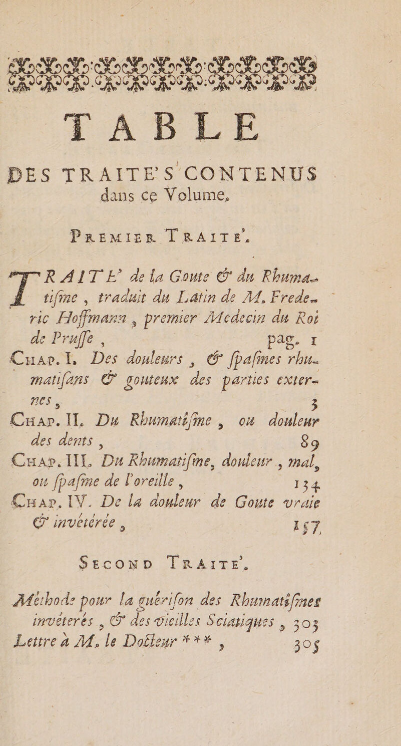 oo Ge pe re FRE TADLE DES TRAITE S CONTENUS dans ce Volume, PREMIER TRAITE, R AIT E de la Goute © dn Rhuma- tifime , traduit du Latin de M. Frede. ric Hoffmann , premier Mcdecis du Roi de Pruffe , pag, r Cuav.l. Des douleurs, € fpafines rhu. matifans © gonteux 7 parties exter= FES, 3 Cap. IL Du Rhumatifine , ox douleur des dents, 89 Cuav.lIIL Du KRhumatifine, douleur, , ou fpafine de l'oreille, 134 | pe IV. De la douleur de Goute vraie Éinvétérée, 157 SEcOND TRAITE. Méthode re la guérifon des Rhumatifines invêteres , Œ des PE ES Sciatiques , 303 Lettre a MA. “ Doélenr #**, 30$