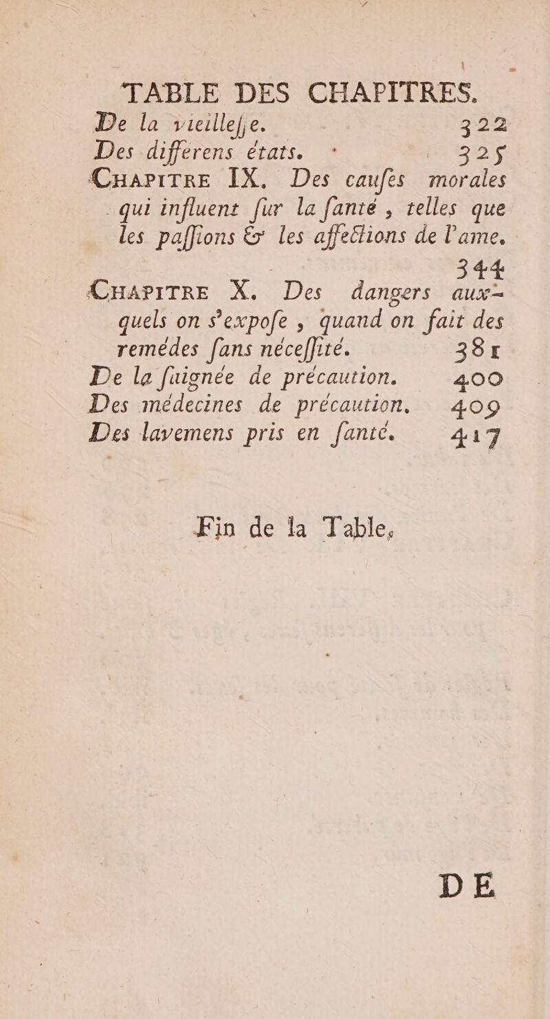 TABLE DES CHAPITRES. De la vicaillejie. 322 Des differens états. LYS CHAPITRE IX, Des caufes morales . qui influent fur la fante , telles que les palfions &amp; les affetlions de l'ame. CHAPITRE X. Des dangers 1e quels on s’expofe ,; quand on fait des remédes fans néceffiré. 38r De le fuignée de précaution. 400 Des médecines de précaution. 409 Des lavemens pris en fantc. 417 Fin de la Table, DE
